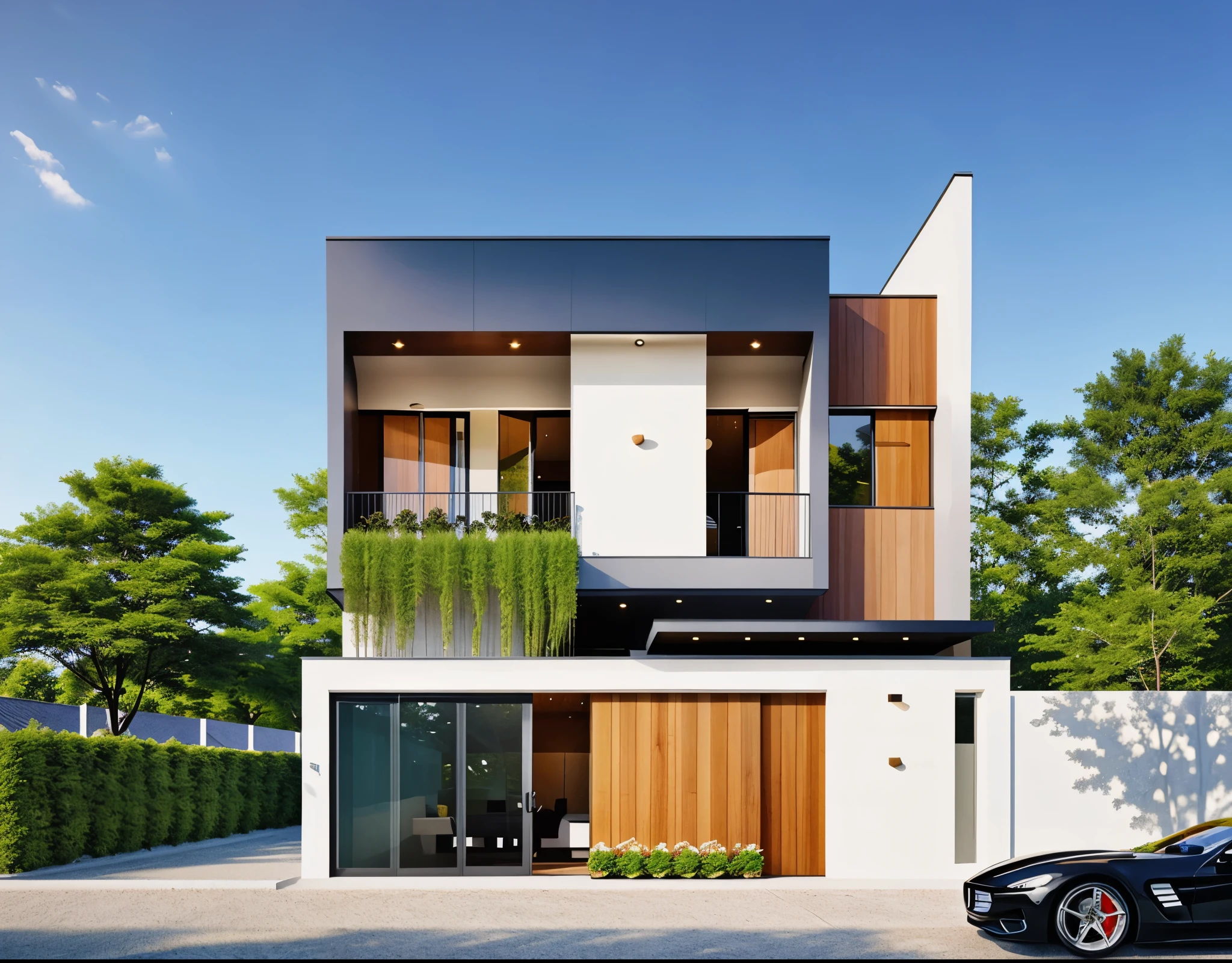 Simple cubic architecture, main white walls, wood paneling, gray aluminum glass doors, realistic images, evening light, black car on the road in front of the house, rows of trees, flower bed