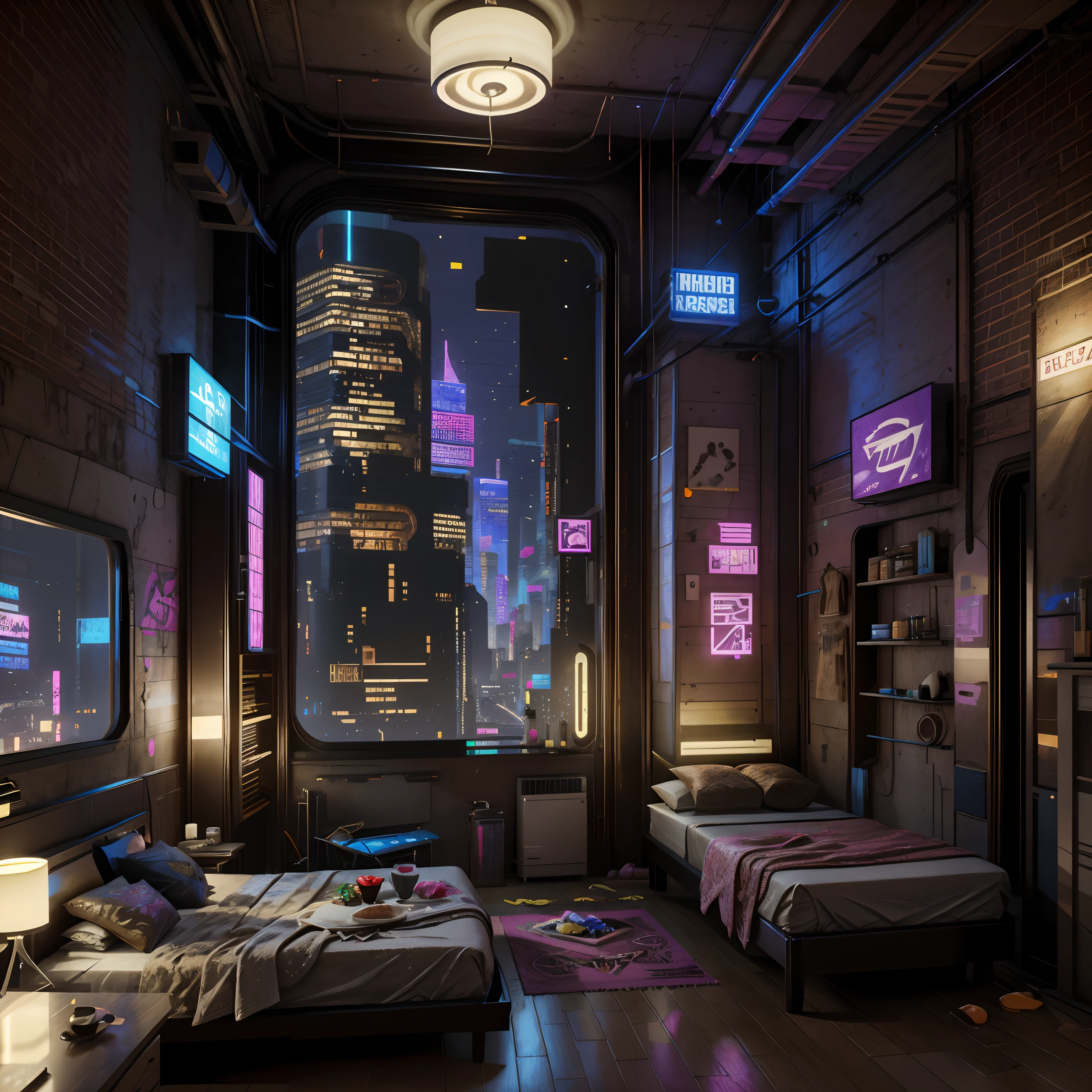 This is a cyberpunk fantasy image. Generate a cozy bedroom surrounded by a cyberpunk city. The bedroom serves as an oasis in the middle of a chaotic cyberpunk city. The bedroom has windows. Through the bedroom's windows the colorful, very detailed, and beautifully complex cyberpunk cityscape is visible. The image should be dynamic and compelling and realistic. (((masterpiece))), (((best quality))), ((ultra-detailed)),(highly detailed CG illustration)