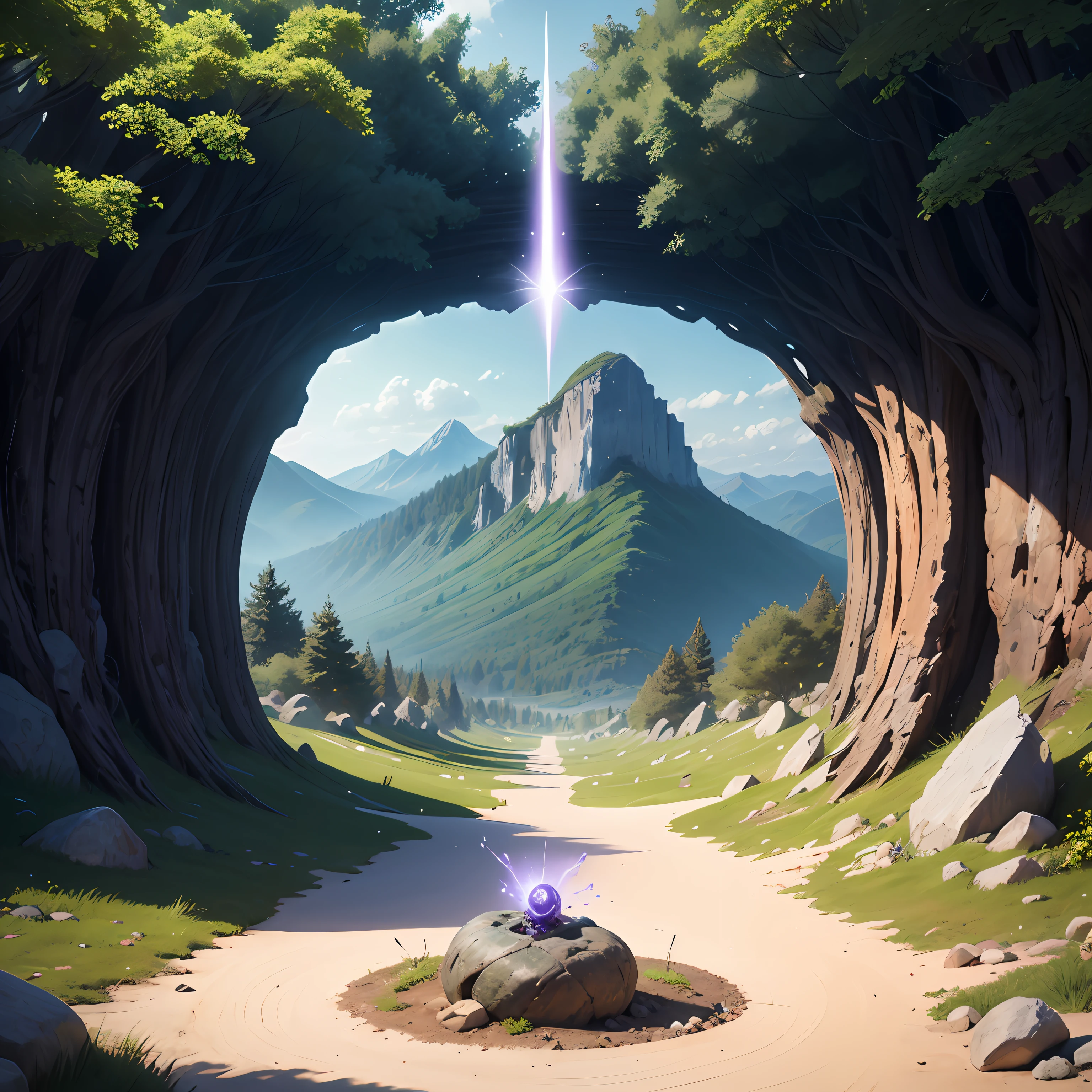 fork in Ground path made of stones in the middle of a forest with a mountain in the background. In the center of the fork, partially buried, the giant skull is a giant sword. In the two paths, floating in the air, two slit shaped portals to a parallel reality, inside the portals it is possible to see an energy in purple tones --auto