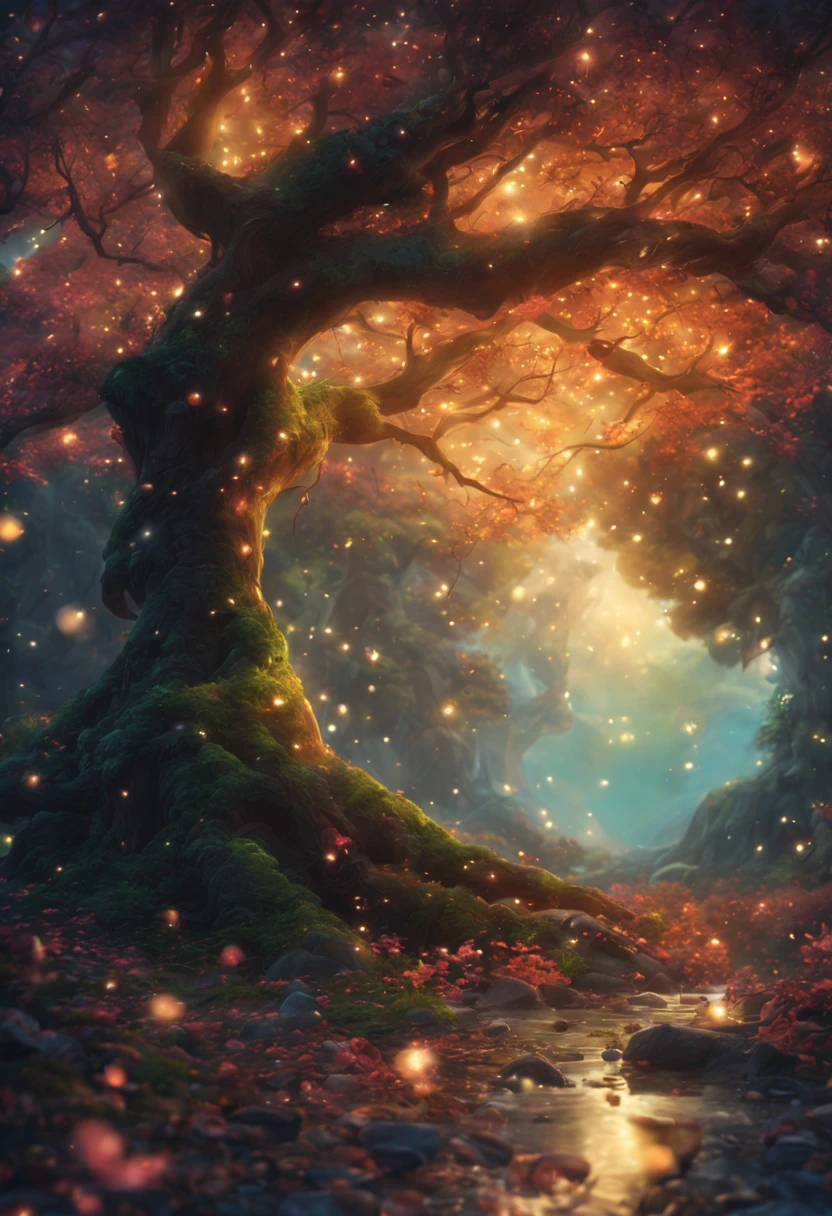 best quality,4k,8k,highres,masterpiece:1.2,ultra-detailed,realistic:1.37,magical tree,enchanted forest,glowing branches,fairy tale atmosphere,sparkling leaves,radiant colors,soft lighting,vibrant greenery,dreamy ambiance,sunlight filtering through the leaves,fantasy scenery,floating fireflies,mystical aura,whispering winds,magical creatures,ethereal glow,majestic presence,harmonious blend of nature and magic,mysterious roots reaching deep into the earth,twinkling stars in the sky,peaceful and serene surroundings,hidden secrets waiting to be discovered,enchanted whispers carried by the breeze,tranquil and enchanting,ethereal beauty,touch of whimsy,fantastical world waiting to be explored