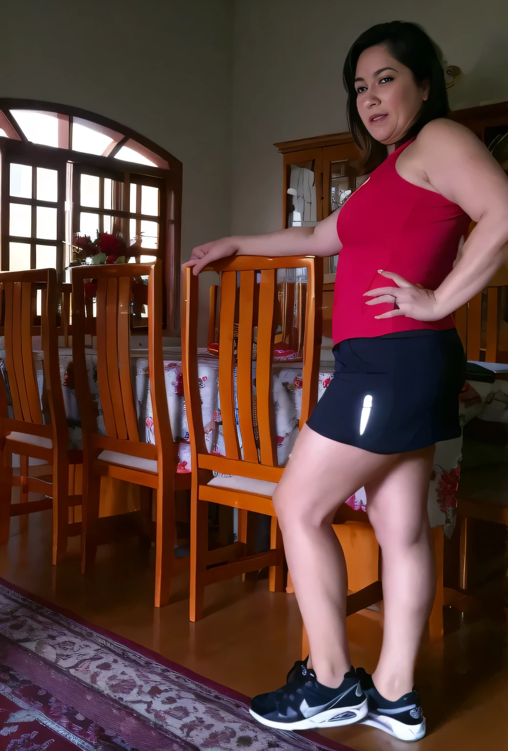 there is a woman standing on a chair in a room, Tiro lateral, pose lateral, tiro de corpo inteiro, em vermelho e preto, foto da roupa, wearing honey - themed mini skirt, minissaia, Saia Curta, full-length view, linda Saia Curta, tiro de comprimento de corpo inteiro, view of the back, vestindo shorts vermelhos, usando saia