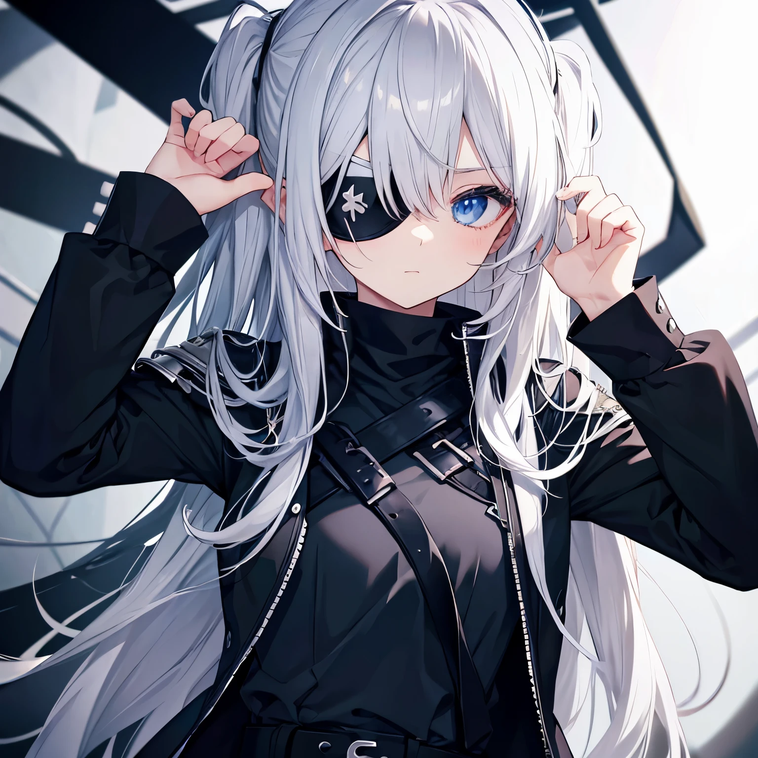 Black clothes, blue eyes, silver hair, half-up, ahoge, eyepatch