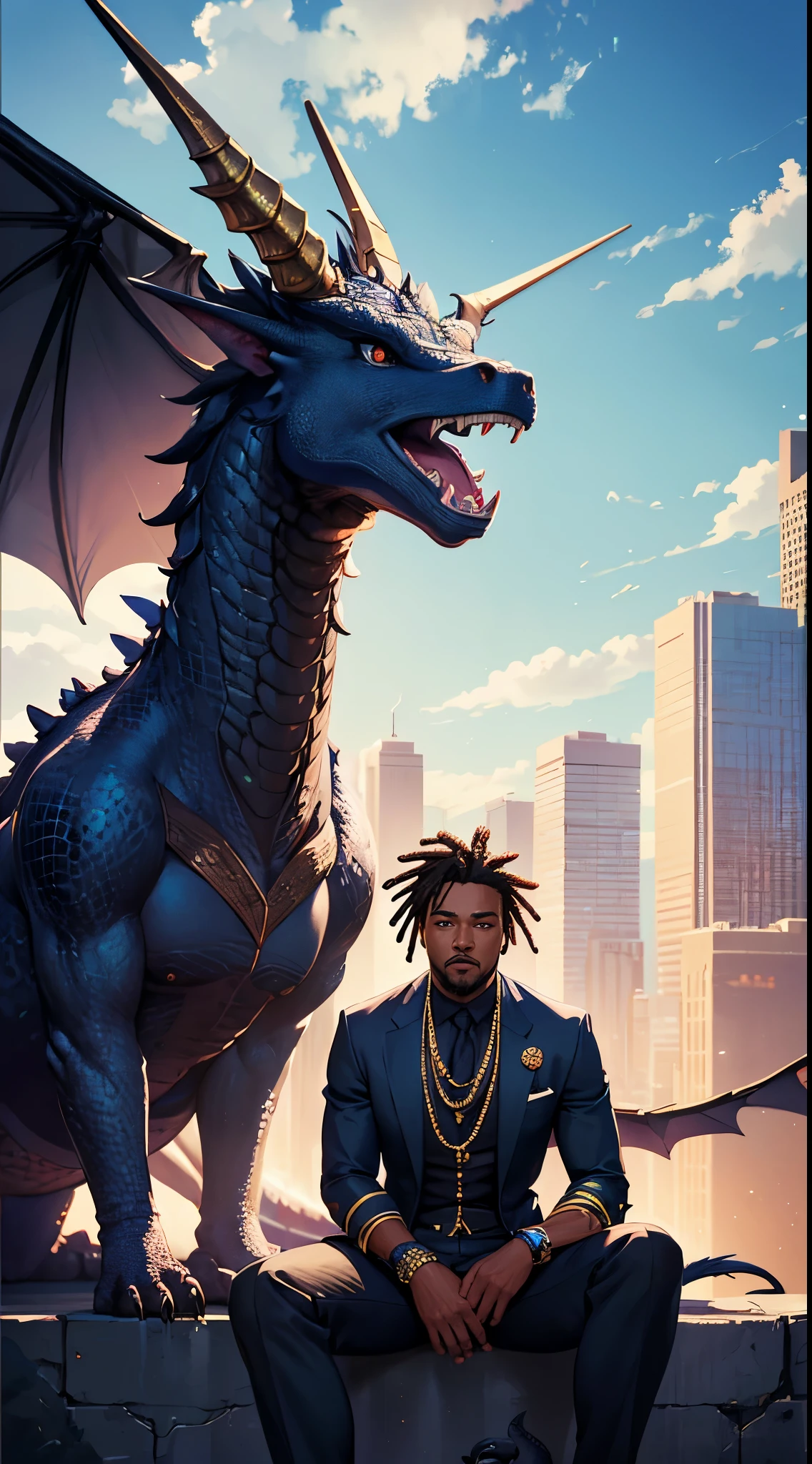 photorealistic, extremely detailed image, African American male, black man with a pet dragon, pet dragon, blue dragon, dreadlocks, city view background, sitting on top of skyscraper, (Best quality, 8k, 32k, Masterpiece, UHD),