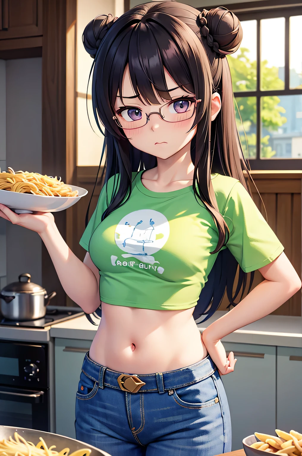 super fine illustration, vibrant colors, masterpiece, sharp focus, best quality, depth of field, cinematic lighting, ultra detailed, t shirt, crop top,1 girl, solo, belt, midriff, tummy, kitchen, hand on hips, holding plate, bowl of pasta, blush, looking down, jeans, annoyed, breasts, hair bun, glasses