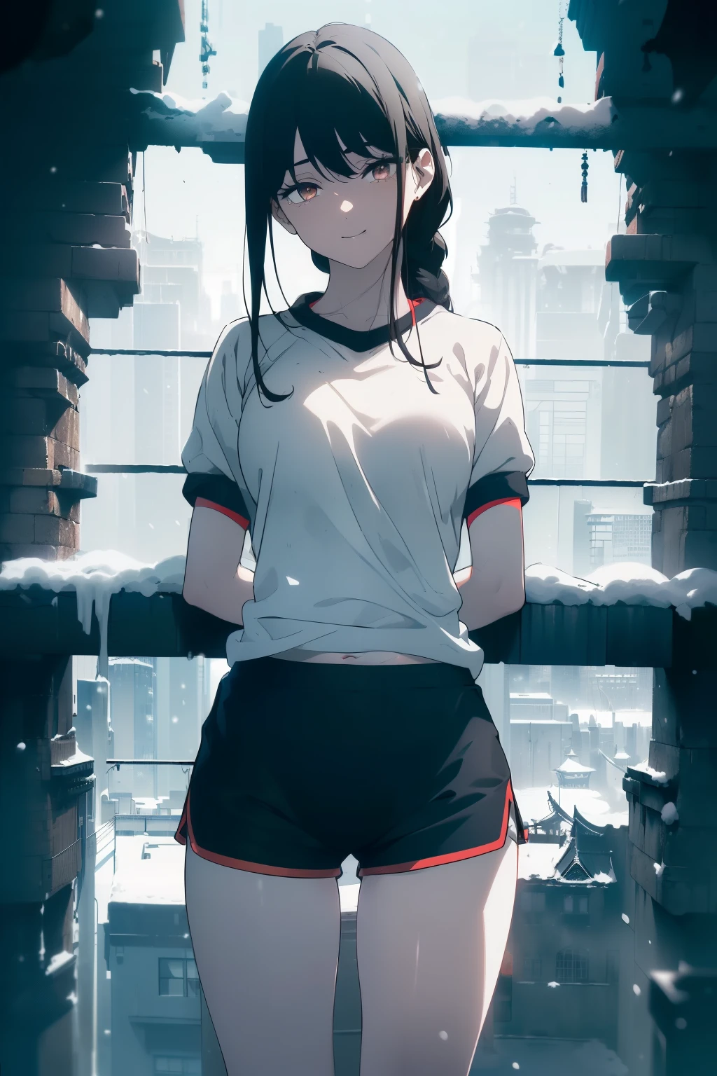 ((Obra maestra, La mejor calidad, ultrahigh resolution)), (((a girl in a gym uniform, blue Japanese ladies gym shorts)), (((black hair, dark black hair))), long hair cut, pale skin, ((brown eyes)), glowing_eyes, neon eyes, (ultra detailed eyes:0.7, beautiful and detailed face, detailed eyes:0.9), ((centered)), ((cute smile, pretty)), facing viewer, eye level, ((vibrant background, snowy landscape, cityscape, snowing)), flat chested, looking at viewer, ((half closed eyes)), ((perfect hands)), (((head:1, arms, hips, elbows, in view))), ((hands behind back)), empty eyes, beautiful lighting, outside, outdoors, background, defined subject, 18 years old, (head tilt)
