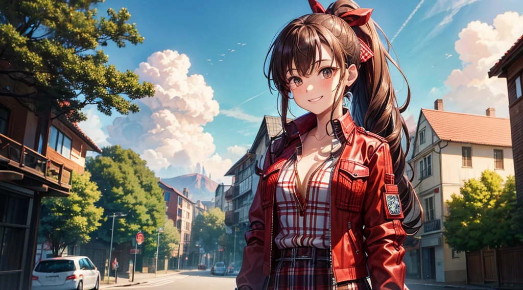 1girl, solo, village, trees, brown hair, long hair, curly hair, ponytail, large breasts, button down shirt, ((red checked shirt)), ((unbuttoned shirt)), brown eyes, ((opened blue zipper jacket)), leather jacket, red and black skirt, grin, looking at the viewer, standng, hair ribbon