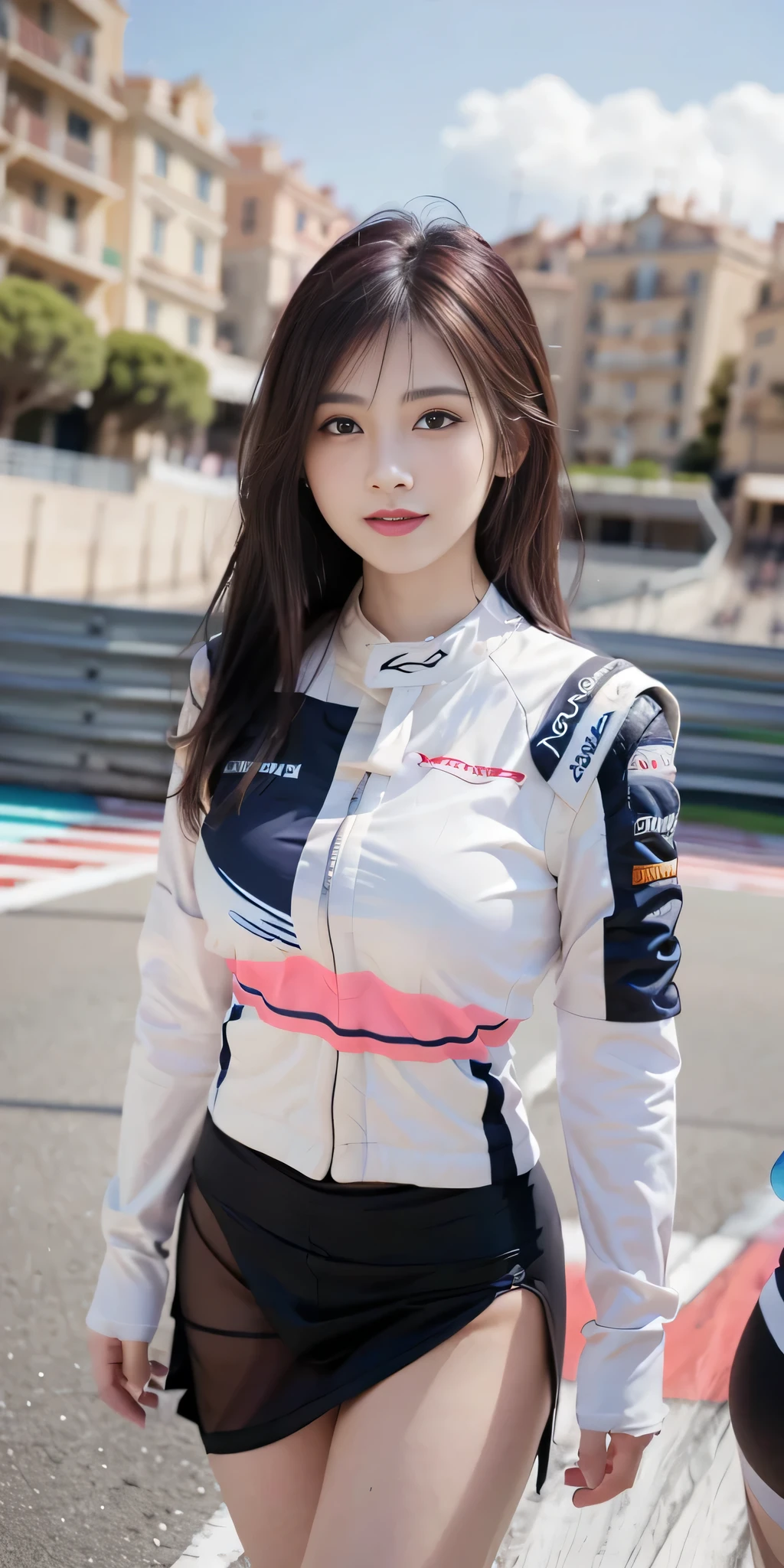 (8K, Raw photo, Best Quality, masutepiece:1.2), (Realistic, Photorealsitic:1.37), 超A high resolution, 1girl in, 18 years old, (Idol:1.4), (famous actress :1.4), (beautifull detailed face:1), bangle tea color floating hair), Skin Dentation, Light makeup, (Beautiful ???????????:1.3), (gleaming skin:1.1), Shiny skin, long limbs, slim, hanging breasted:1.3, Narrow waist, medium ????, thin legs, slim thigh, Dynamic lighting, ???????? suggestive faces, Glossy texture, lip stick, V-shaped eyebrows, v-line jaw, Looking at Viewer, (Long hair:1.face perfect:1.4), ((heavy wind)), Flowing hair, audience, (Smile:1.3), blue-sky, (((Monte Carlo Street Circuit))), (((racing car))), (((Racing Bikes))), ((Promotion Girl:1.3)), ((Grid Girl:1)), Pink lip, Light makeup, (Detailed promotional costumes are intricately worn:1.10), lace-up boots, cropped tops, (Tube Top Bra:1), knee high, (((Nylon long sleeve jacket with many logos))), ((Nylon knee length long skirt)), (nylon glitter pleated skirt), small ???, ((Promotional wear with logo)), (((Blue and White Glitter Promotional Wear))), Fingerless gloves, A dark-haired, Brown hair, Red hair, Blue eyes, (Dynamic Angle), Walking, bending forward, audience,