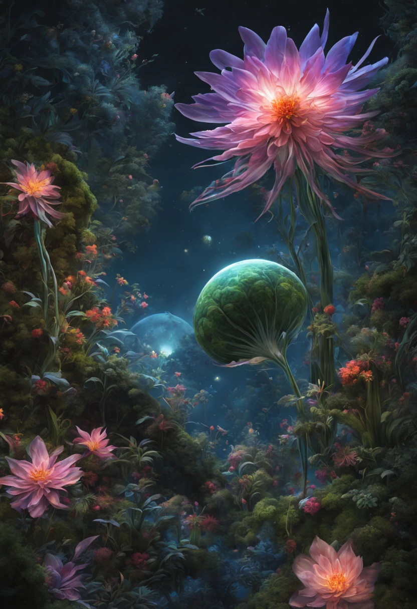(best quality,4k,8k,highres,masterpiece:1.2),ultra-detailed,(realistic,photorealistic,photo-realistic:1.37),fantastic plants in cosmic landscape,charming flowers,ethereal glowing petals,lush leaves and intricate vines,vibrant colors and intricate patterns,whimsical and enchanting vegetation,alien and otherworldly flora,colorful and mesmerizing blooms,celestial plants in a dreamlike setting,luminous and shimmering foliage,stunning botanical wonders amongst the stars,a surrealist garden in the cosmos,extraterrestrial plants of breathtaking beauty,celestial harmony in a cosmic oasis,magical plants radiating cosmic energy,mythical and otherworldly blossoms,cosmic beings entwined with plant life,extravagant plants illuminating the universe.