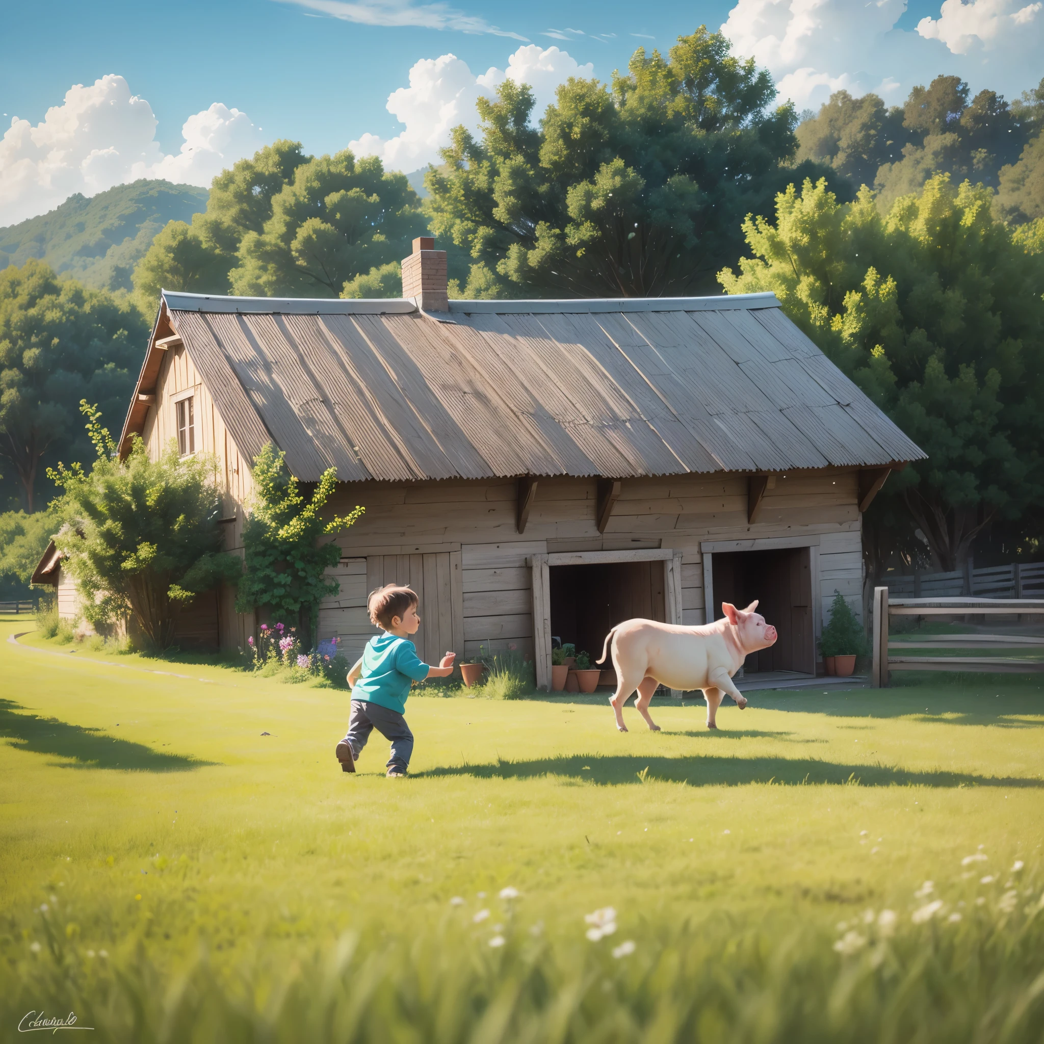 (best quality,4k,8k,highres,masterpiece:1.2),ultra-detailed,realistic, HDR, UHD, (sketch, pencil sketch),(oil painting),(detailed,meticulous:1.1) village street scene, joyful(1.1),vivid colors, sunny day, (rustic,quaint) country road, (charming,traditional) rural houses, (lush,green:1.1) fieldriendly,cuittle boy, (carefree,happy) expression, (dynamic,motion-filled:1.1) pig riding, (fun,amusing) interaction between the boy and the pig, (curious,giggling:1.1) boy, (content,relaxed) pig, (cheerful,animated) atmosphere, (tranquil,serene) surroundings, (peaceful,quiet) ambiance, (idyllic,) countryside, (authentic,genuine) village life, (blissful,homely) scene --auto --s2