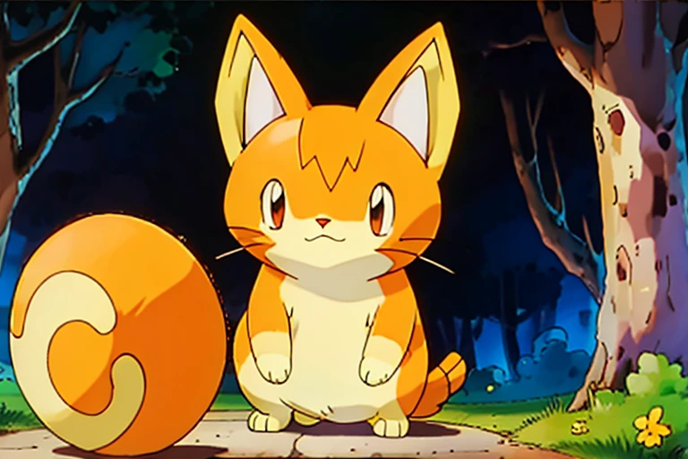An electric type cat Pokémon. He is very fluffy. he is white. his ears are orange. his tail is orange with stripes. drawn like and electric type Pokémon. The background is a forest path.