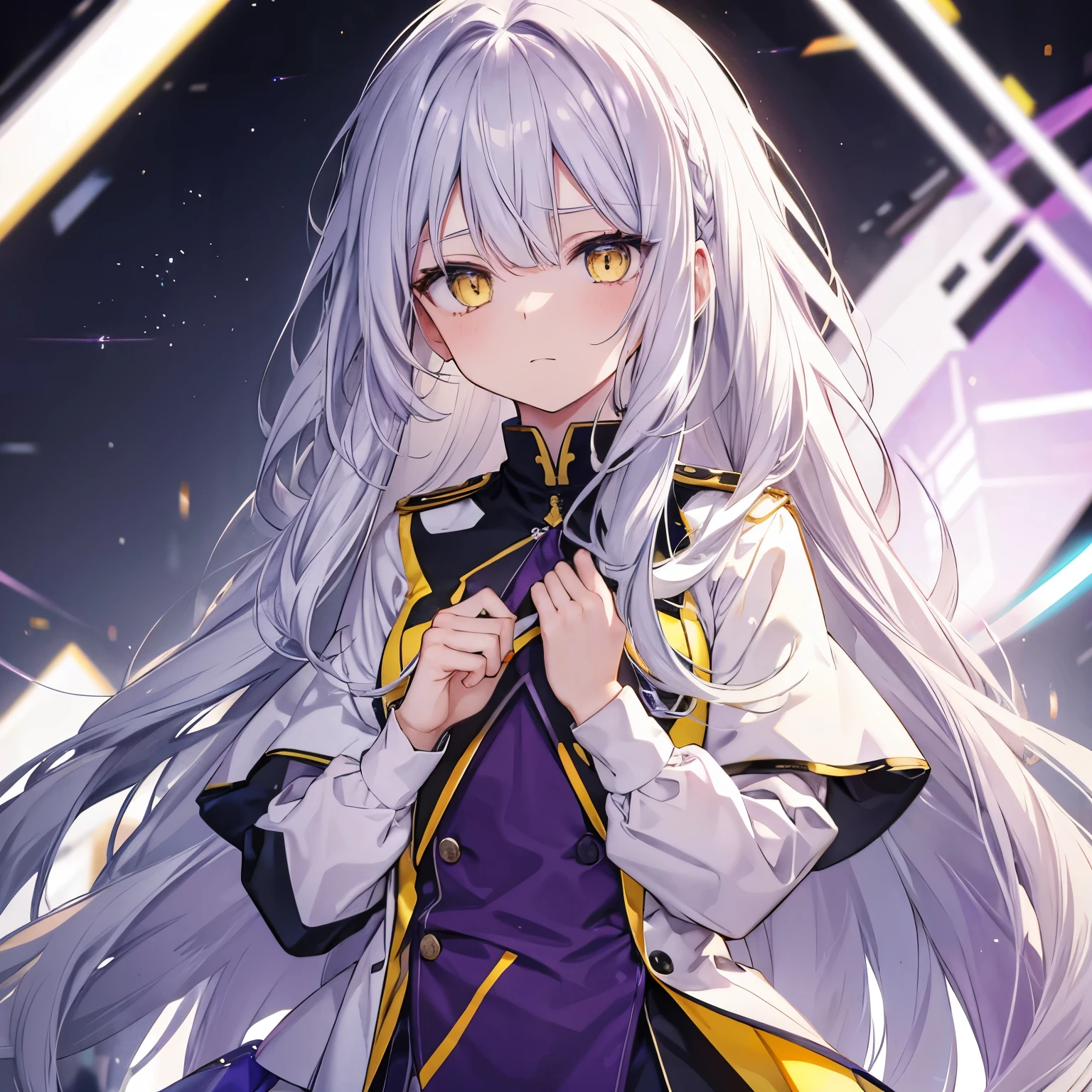 Silver hair, long hair, yellow eyes, purple uniform, shy face