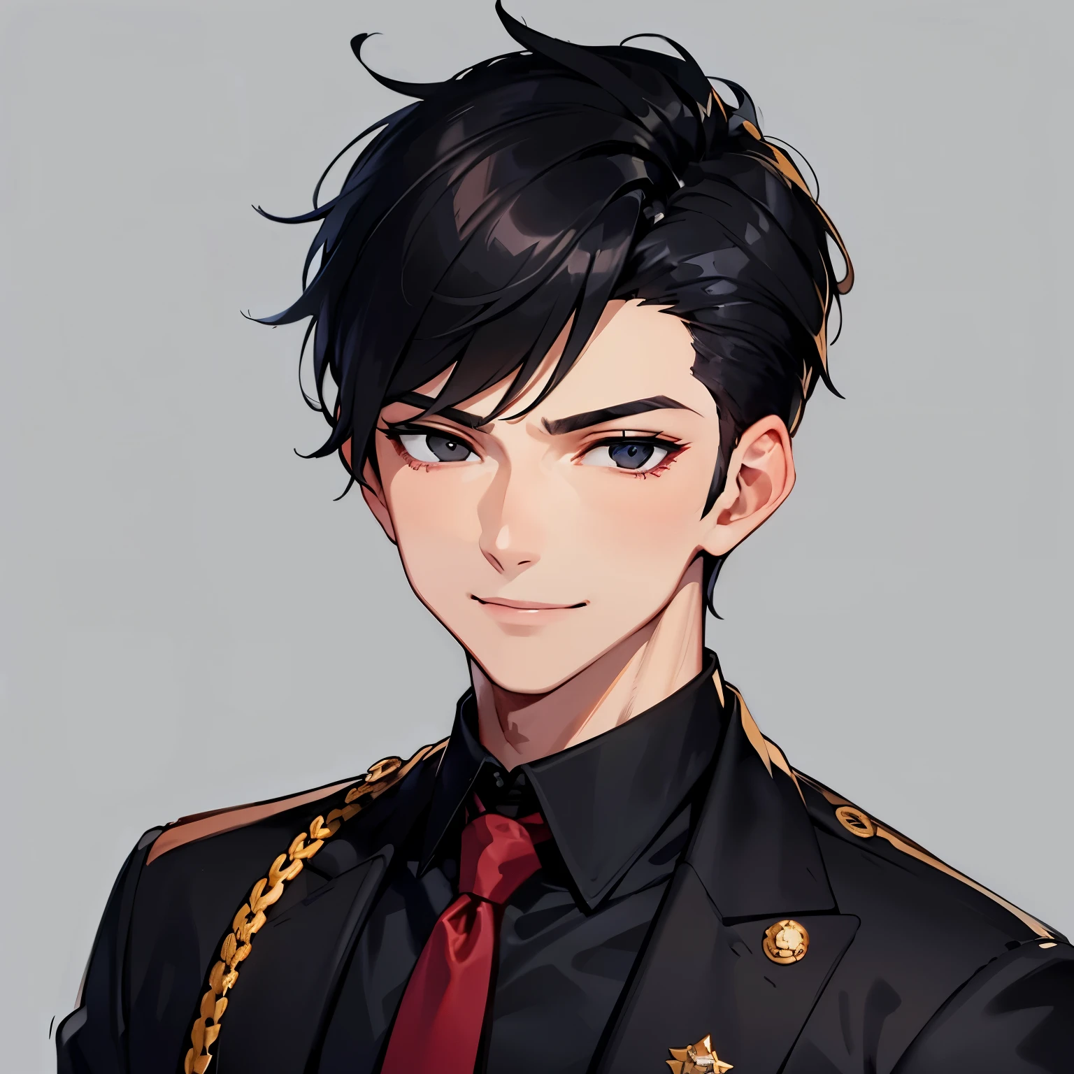 1male,solo,masterpiece,best quality,Black haired, handsome young man, black eyes, two cuts hairstyle,undercut, wearing police uniform,squint eyes,smile