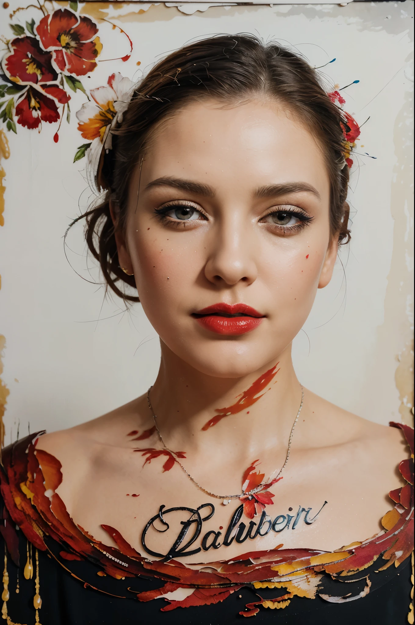 mixed media, oil painting, pen and ink, alcohol ink, white background, perfect double exposure technique, hyperdetailed, intricate, elegant lady, red lips, flowers, Callygraphy, lettering, script, thick Brushstrokes, palette-knife, smudge, splashes and splatters