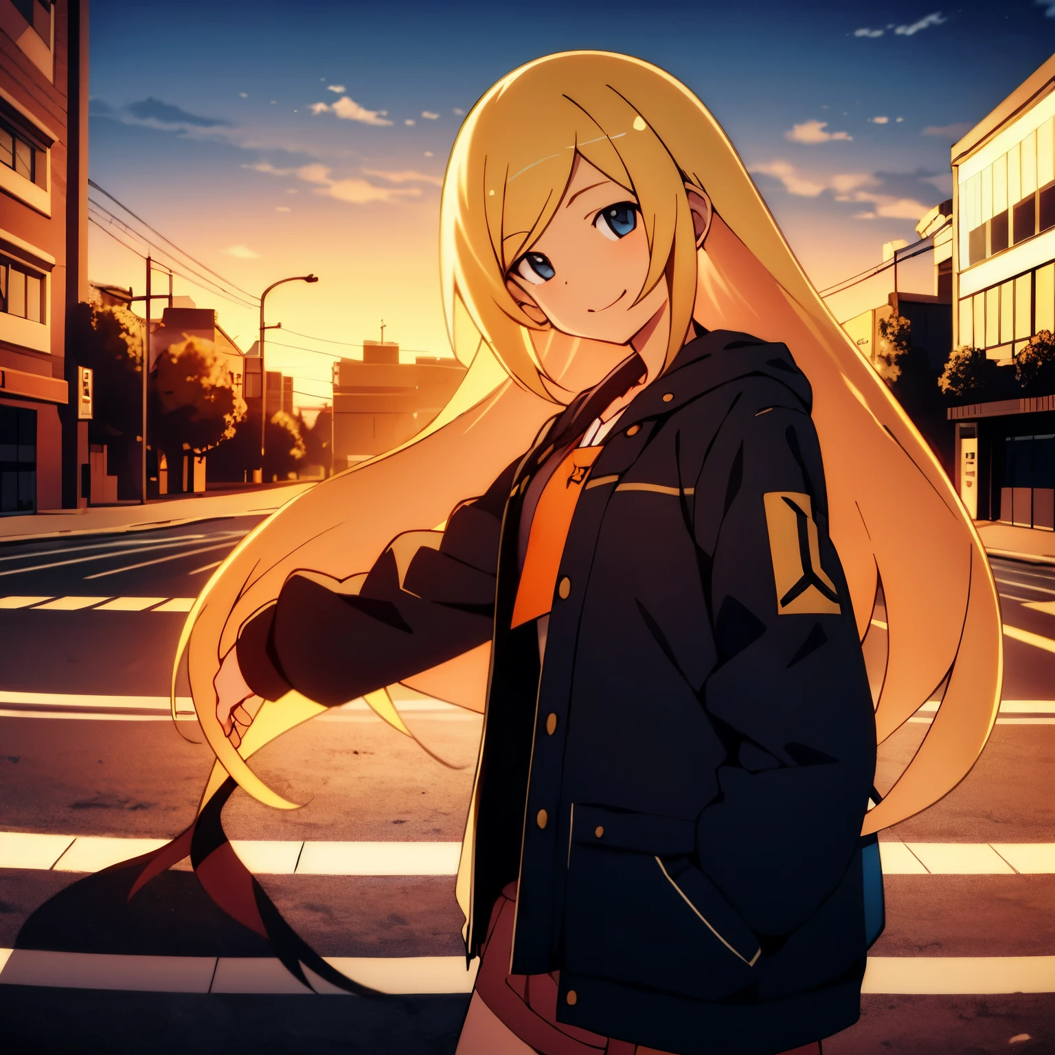 best quality, masterpiece, solo, (1girl),long blonde hair,tomboy ,crosswalk,sunset, looking at viewer, smiling