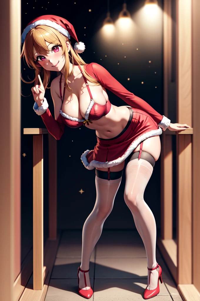 anime, beautiful face, highly detailed face, 2 accurate legs, detailed eyes, highly detailed background, perfect lighting, accurate arms, accurate hands, accurate fingers, full body, 1girl, solo, ruby hoshino, oshi no ko, female santa, sexy santa outfit, heels, thighhighs, garter stockings, absurdres, high res, ultrasharp, 8K, masterpiece, looking at viewer (sexy pose:1.4), (full body:1.4), smiling with compassion, loving smile, nsfw, nearly nude, wearing bra, wearing miniskirt, full of delight, holding a santa bag with hands, blushed, cleavage, breast, leaning_forward, sntdrs