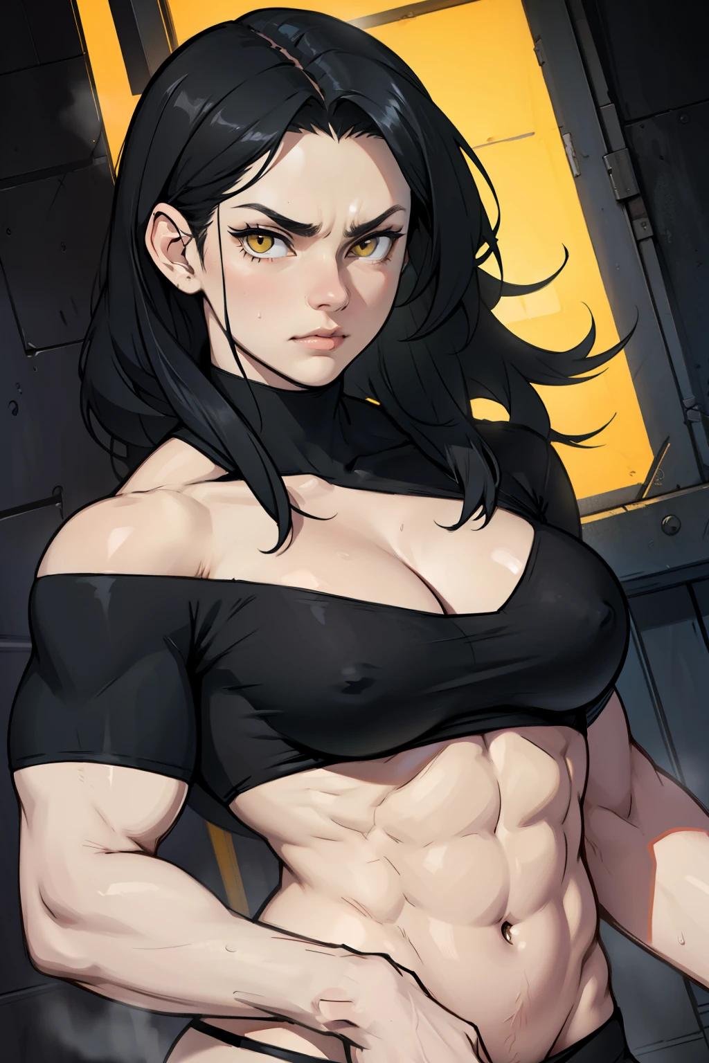 black hair yellow eyes pale skin large breasts (((muscular girl))) sad frown