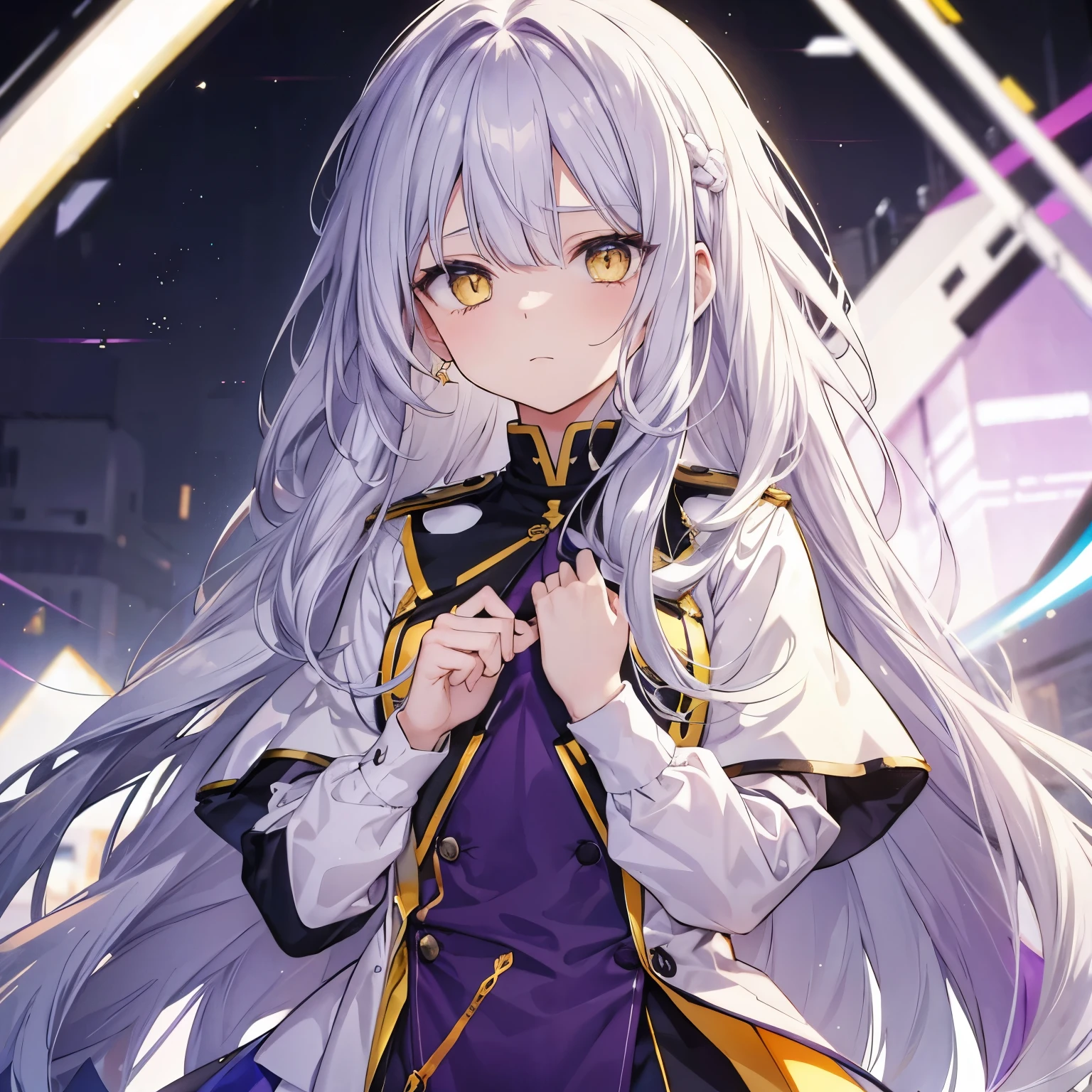 Silver hair, Long hair, Yellow eyes, Purple Uniform, Shy face