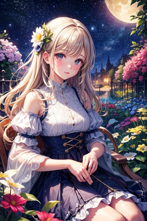 of the highest quality, high_resolution, Distinct_image, Detailed background, girl, flower, garden, Starry sky,