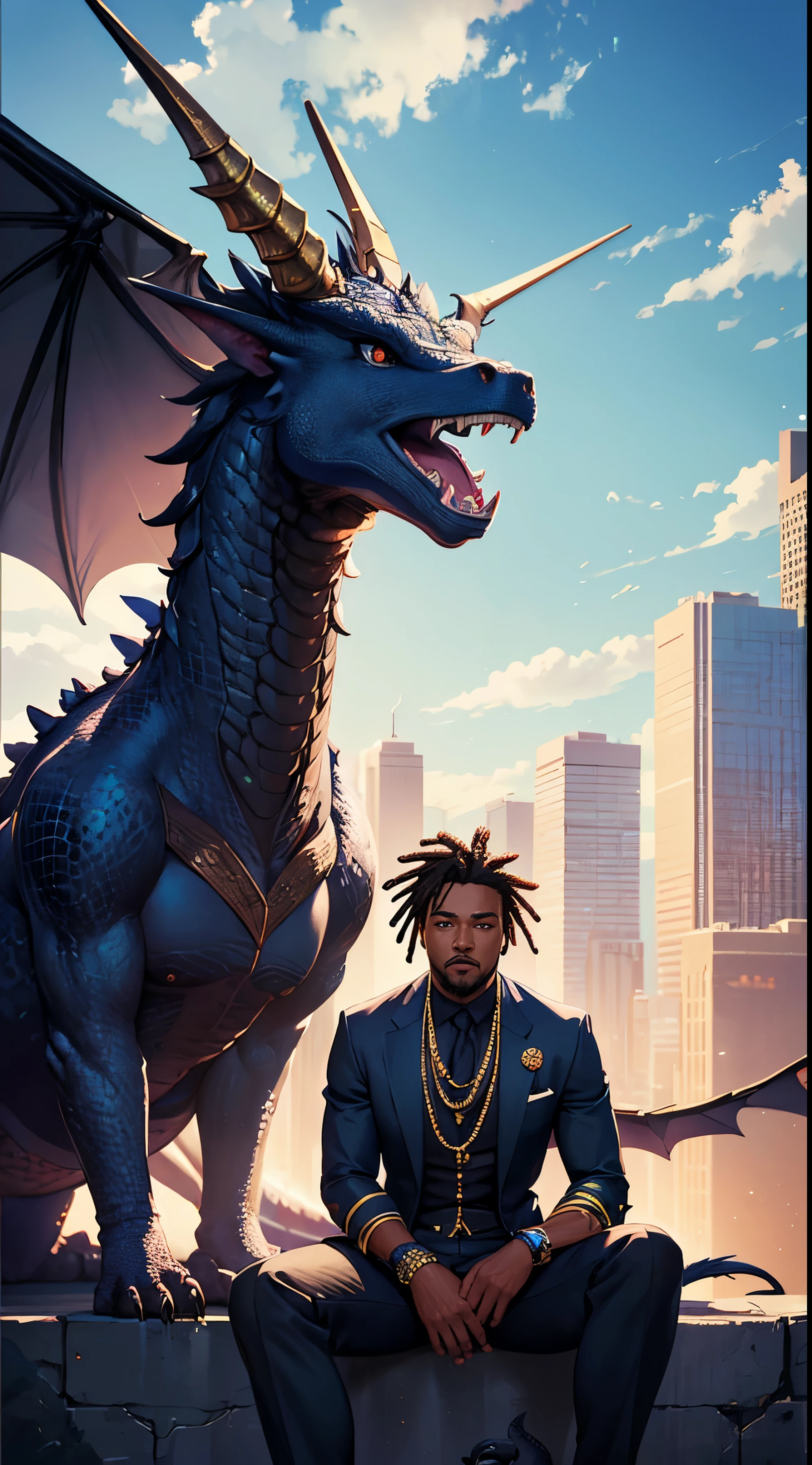 photorealistic, extremely detailed image, African American male, black man with a pet dragon, pet dragon, blue dragon, dreadlocks, city view background, sitting on top of skyscraper, (Best quality, 8k, 32k, Masterpiece, UHD),