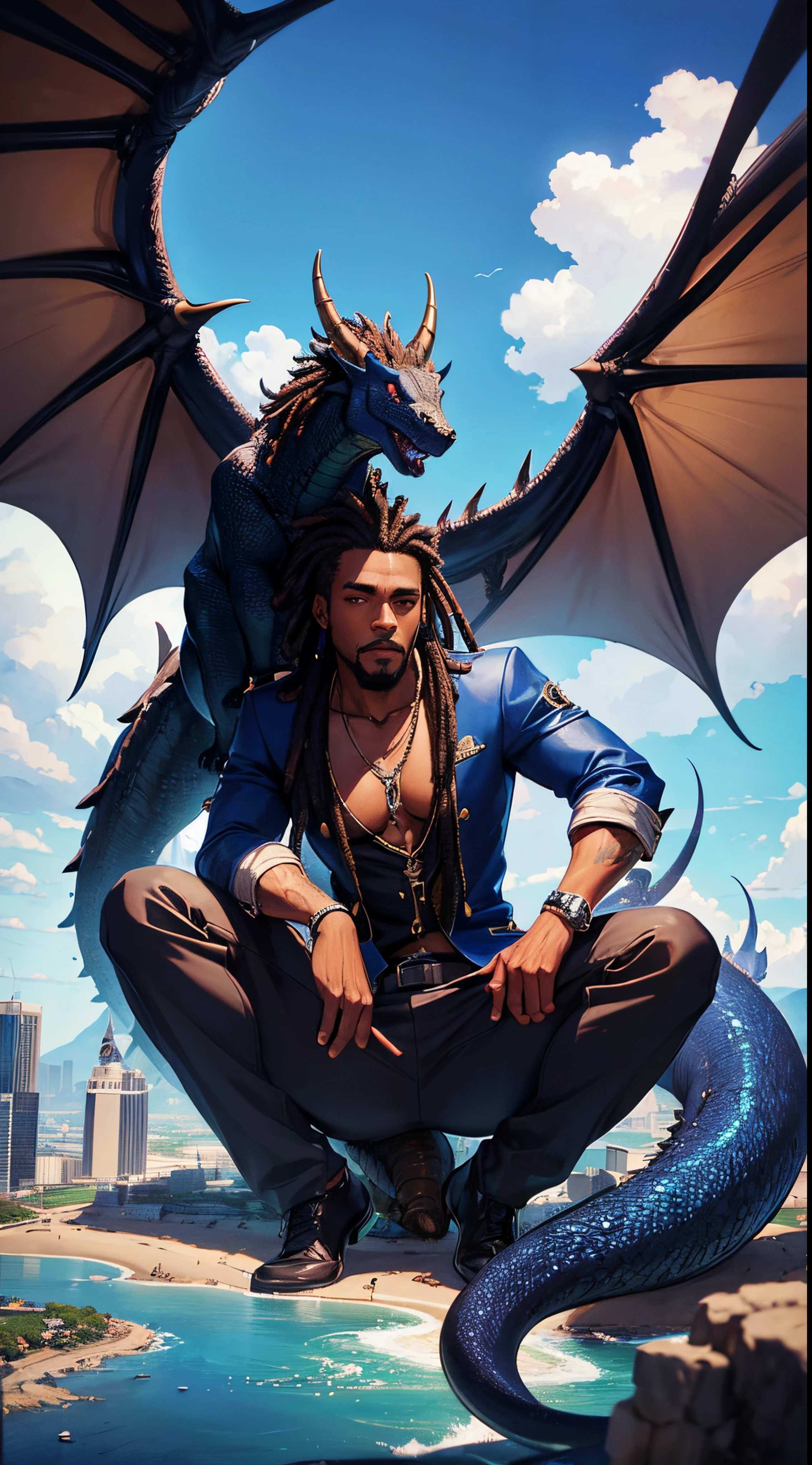 photorealistic, extremely detailed image, African American male, black man with a pet dragon, pet dragon, blue dragon, dreadlocks, city view background, sitting on top of skyscraper, (Best quality, 8k, 32k, Masterpiece, UHD),