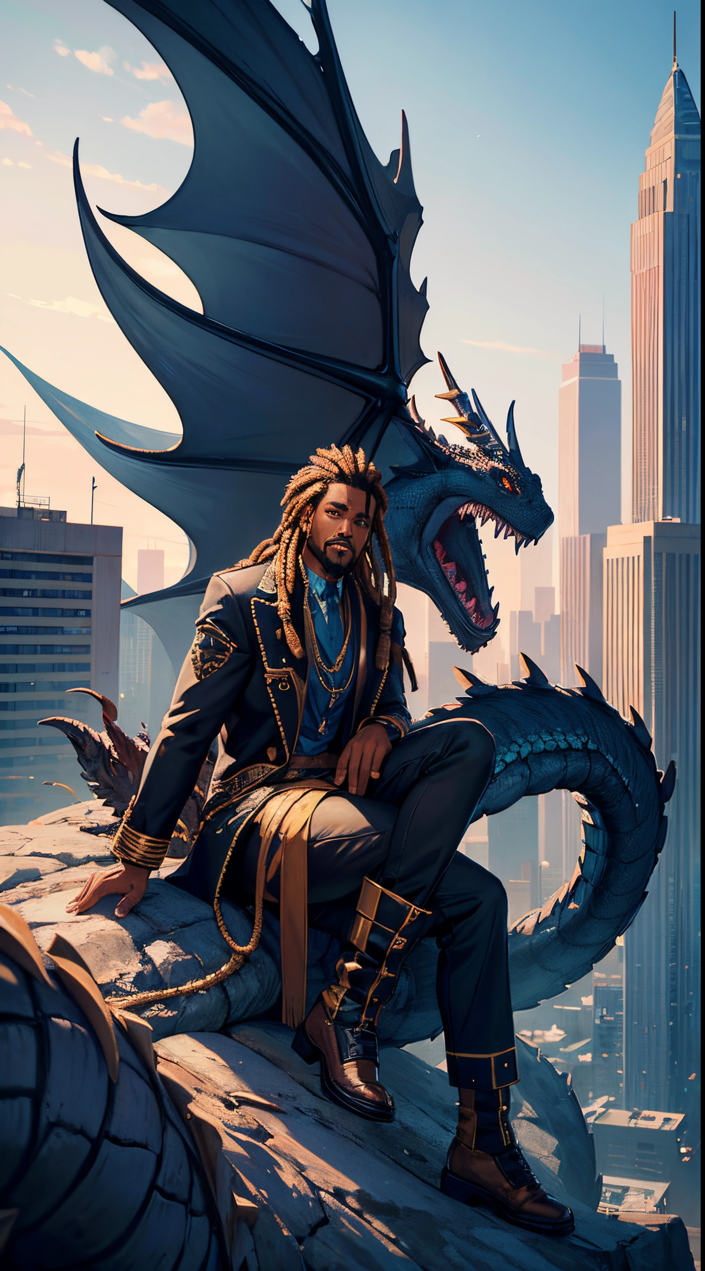 photorealistic, extremely detailed image, African American male, black man with a pet dragon, pet dragon, blue dragon, dreadlocks, city view background, sitting on top of skyscraper, (Best quality, 8k, 32k, Masterpiece, UHD),