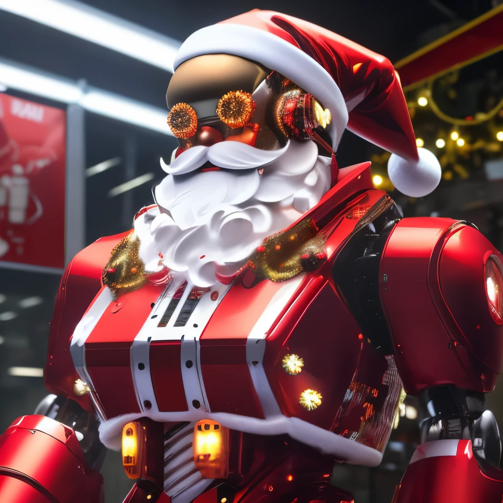 Robot Santa, Futuristic mechanical design,Combining elements of traditional Santa Claus with advanced technology. The robot may have a sleek metal body, Illuminated LED light, and a robotic arm that can efficiently distribute gifts.. It could have a digital display on its face,Imitate Santa's expression of joy and kindness. The scene can be set in a high-tech workshop full of automated machinery and conveyor belts, Robot Santa is busy preparing and sorting gifts for delivery. This futuristic twist on the traditional Santa Claus blends the magic of Christmas with the innovations of modern technology.