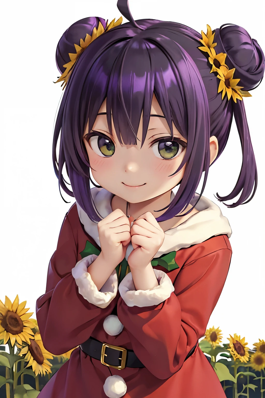 ((Best Quality)), (((masuter piece)))、Solo、Perfect face,(((Violet hair)))、faded green eyes、(bobhair)、short-hair、(((two bun hairstyle)))、Ahoge、(a smile)、((Santa Claus Costume))、(((Black Neeso)))、hoodie style costume、sunflower accessories、sunflower hair tie、,the pose、energetic the pose、((Chibi Chara))、瞳に☆の形の模様がある、Winters、sunflowers fields、3DCG