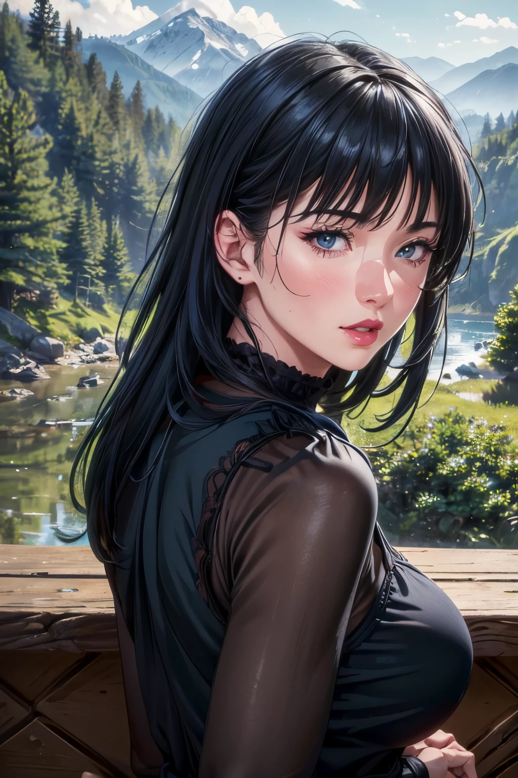 Stable Diffusion prompt:
(best quality, 8k, highres, masterpiece:1.2), ultra-detailed, (realistic, photorealistic, photo-realistic:1.37), illustrations, girl, detailed eyes, detailed lips, extremely detailed eyes and face, long eyelashes, overlooking large forest from back, mountain landscape, forest, nature, river