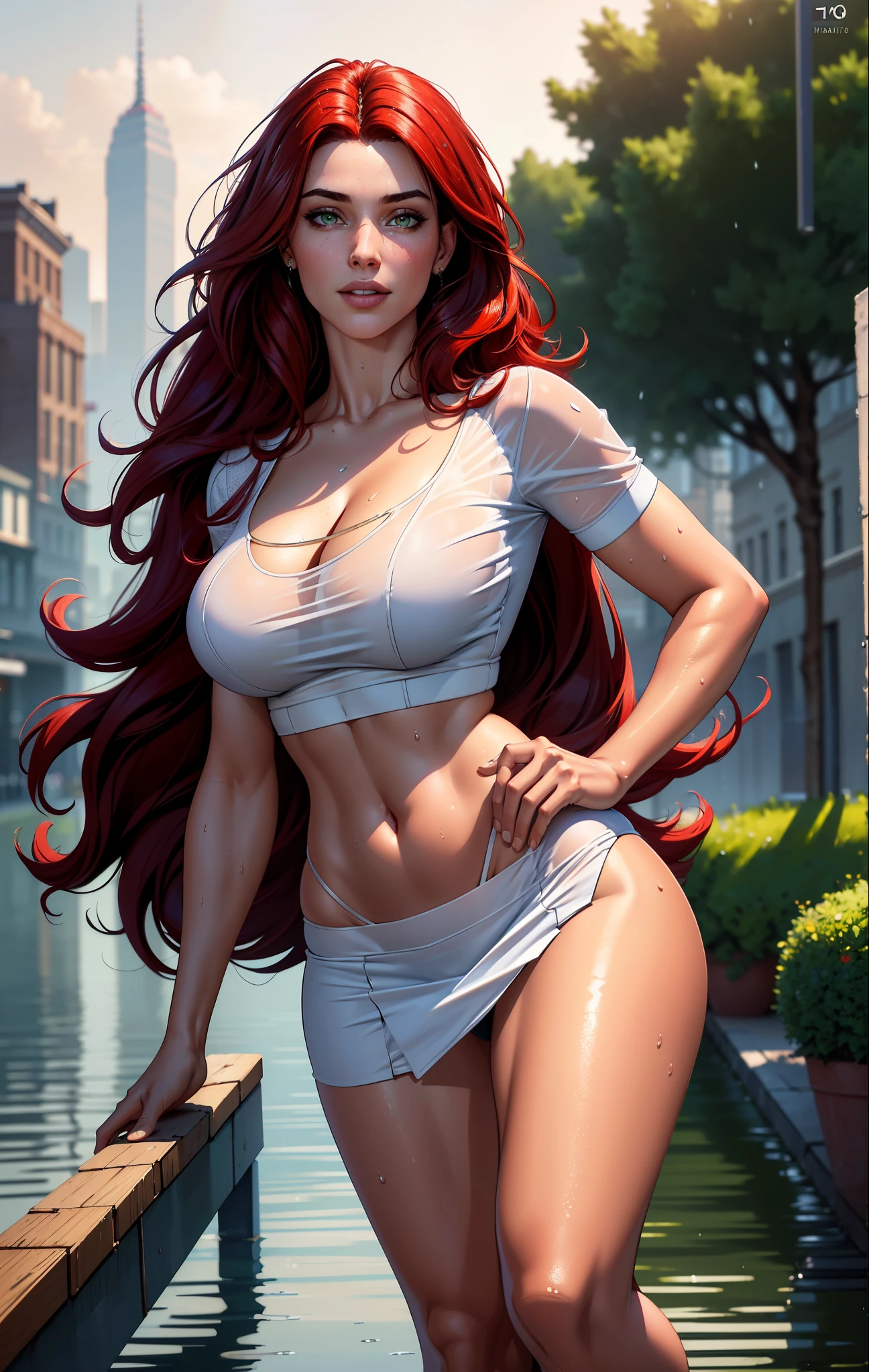 ((masterpiece)), (realistic: 1.35), best quality, (8k, best quality, masterpiece: 1.2), ultra-detailed, illustration, back, she's on her back, she's wearing a short plaid college skirt, no bra, cropped transparent white, wet outfit, smiling, gorgeous face, slim waist, beautiful hair detailed, a girl, , sexy young ((solo)), Best quality, masterpiece, ultra-detailed high res, (photo-realistic: 1.4), Full body,  long red hair, wet hair, emerald green eyes, thick shapely thighs, big ass Perfect, (high quality), (realism), 8k, sexy young, sexy realistic, best image quality, masterpiece, super high resolution, (fidelity: 1.4), realistic rain, city,  background, detailed materials, beautiful highlights, beautiful shadows, volumetric lighting, subsurface scattering, good proportionature : 1.15),