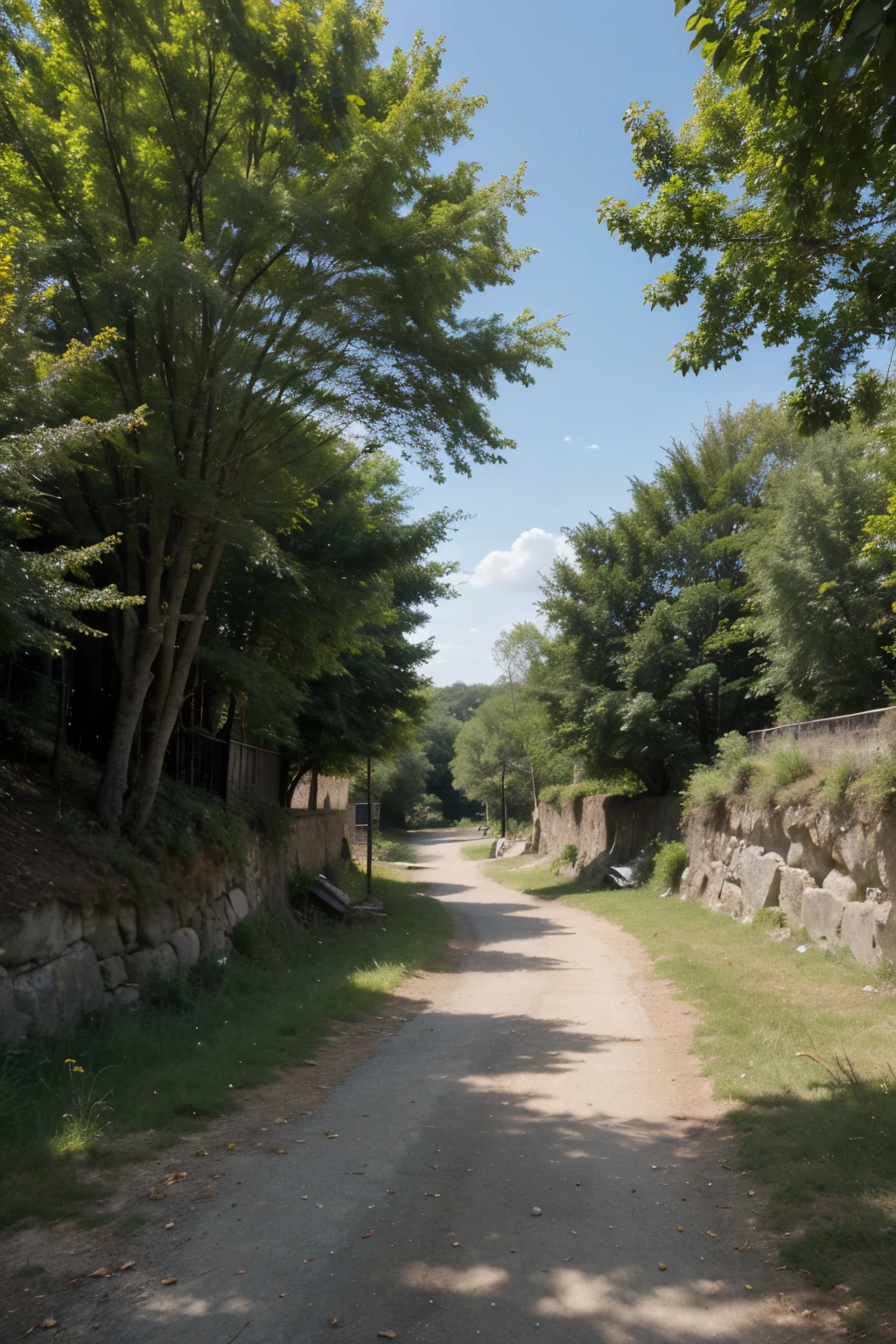 ((best quality)), ((masterpiece)), (detailed), in top put the sky. sky is bright blue, sun is shining. in middle part there are some bushes, some treetrunks. in low parts on the left there is a creek, in the middle there are some big stones, on the right there is a path thrue the vegetation