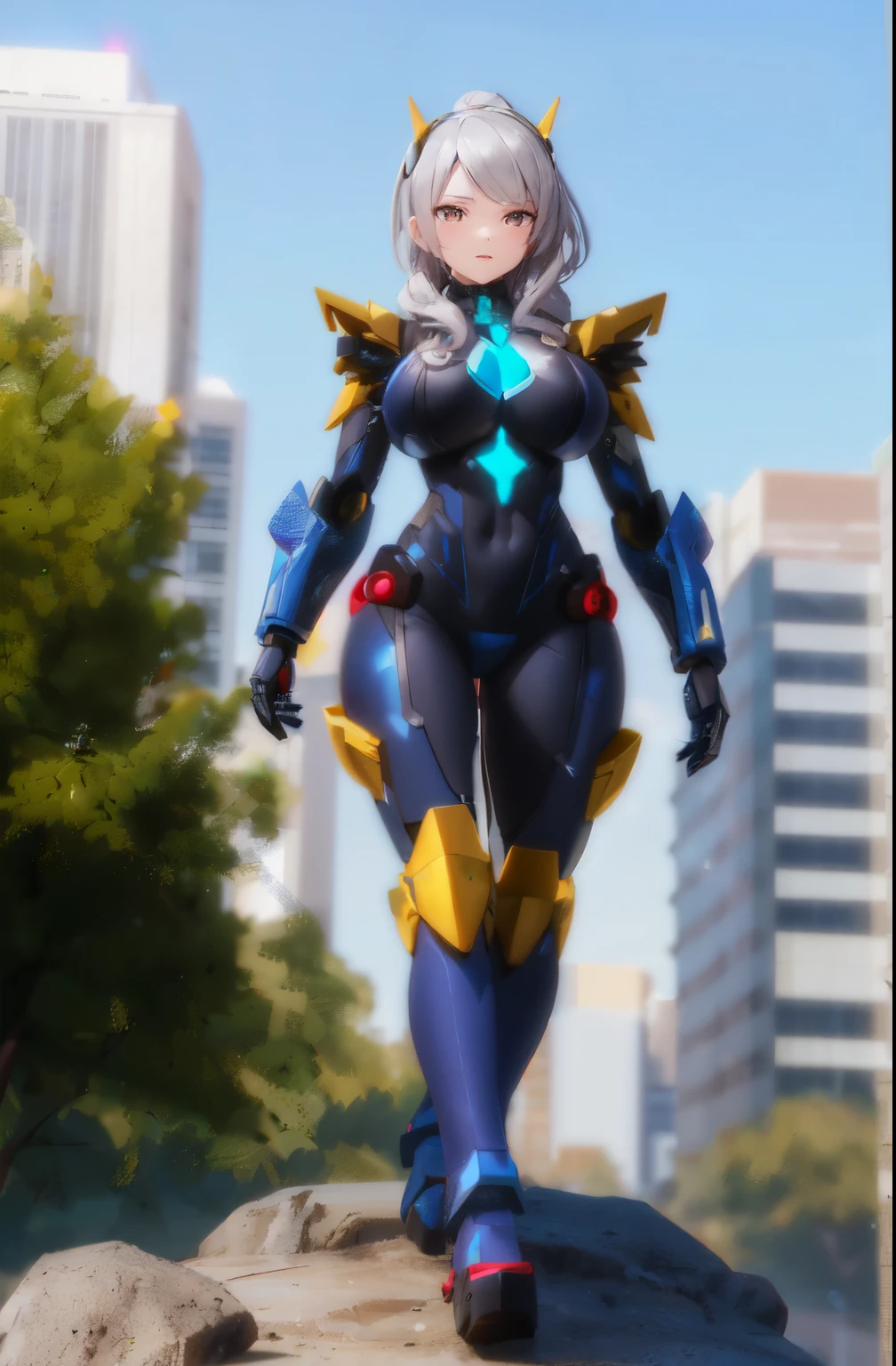 there is a woman in a costume posing on a rock, girl in mecha cyber armor, platinum skin, 3d printed, janice sung, beautiful detailed body and face, large breasts size, widow maker, grey armor, arcadia, pilot girl, walking towards you, gogo