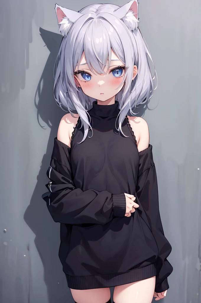 best quality, ultra precision, 1girl, cute, , young, boyish, childish, small breasts, silver hair, cat ears, blue eyes, beautiful eyes, girl, ecstasy, sailor collar, estrus, metestrus, start to undress, naughty mood, she loves you, lost virgin, virgin, blush, beautiful skin, big bow on chest I'm not wearing panties BLUE SWEATER, BLACK SHIRT, SHIRT UNDER SWEATER, OFF SHOULDER TOP) Tsundere leaning against the wall