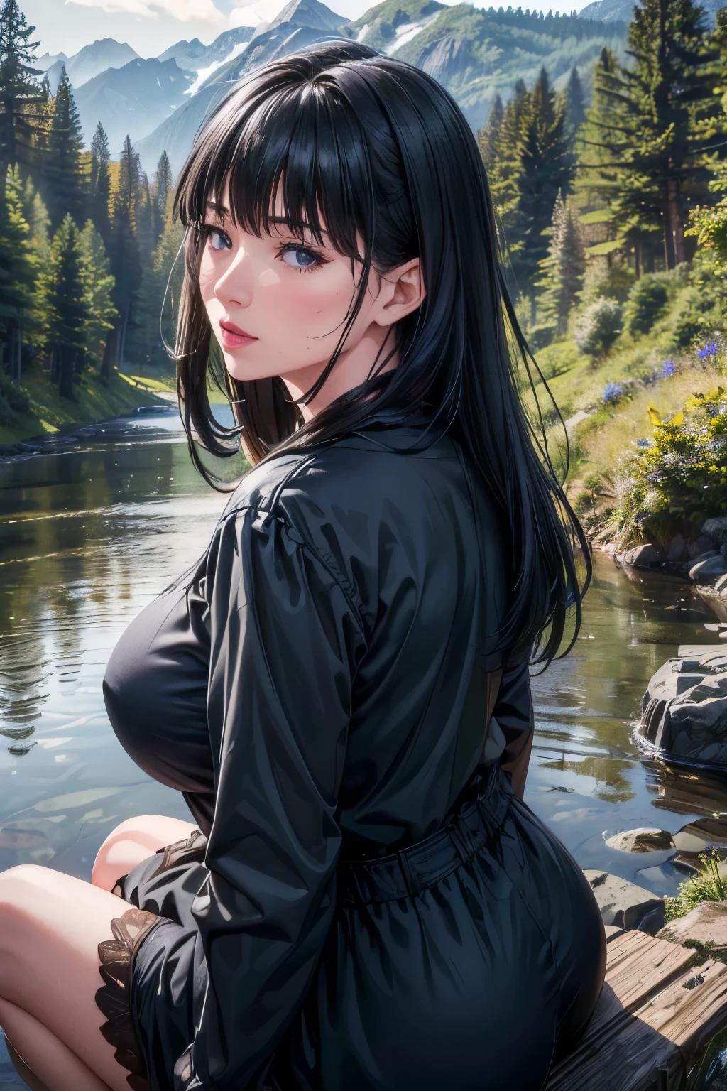 Stable Diffusion prompt:
(best quality, 8k, highres, masterpiece:1.2), ultra-detailed, (realistic, photorealistic, photo-realistic:1.37), illustrations, girl, detailed eyes, detailed lips, extremely detailed eyes and face, long eyelashes, overlooking large forest from back, mountain landscape, forest, nature, river