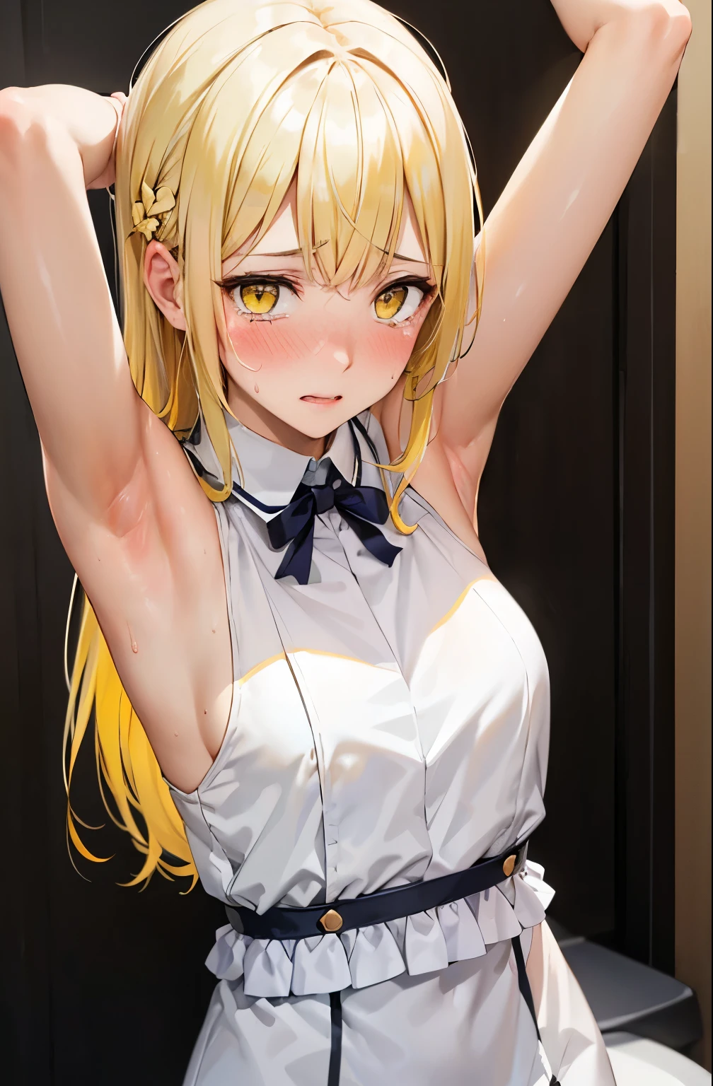 (Behind Wallenstein,Yellow hair,Long hair,Yellow eyes ),Detailed Focus:1.3, masutepiece, Best Quality, 1womanl,Woman taken from the side,Slender face,slender physique, Looking at Viewer, Cute, medium breasts, Beautiful detailed eyes,(( embarrassed:1.2)),((is crying:0.9)),with arms up,Armpit, full of sweat,(Armpit close-up:1.4), robe blanche,Late night toilet background, ((mistress, Authority)),Black Dress