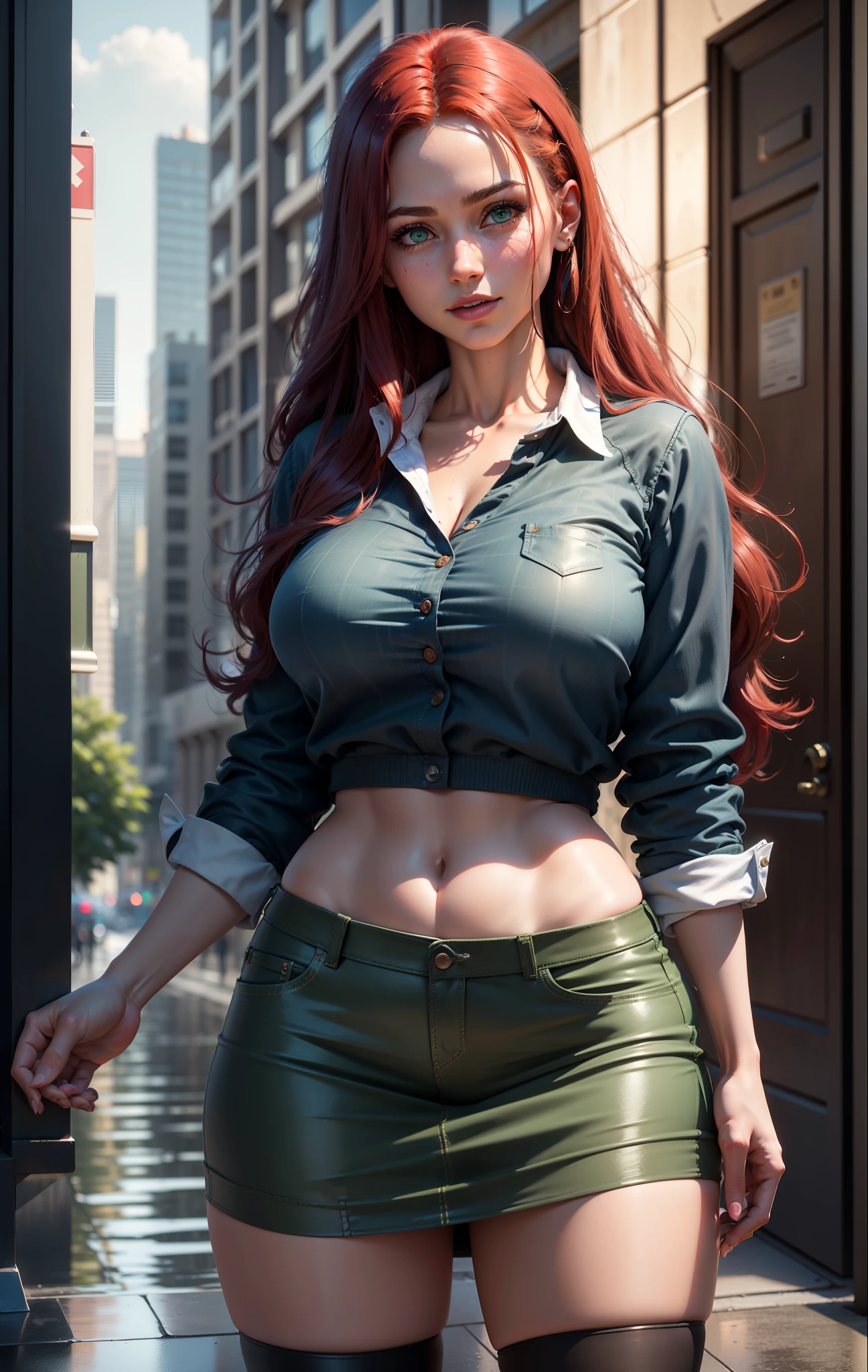 ((masterpiece)), (realistic: 1.35), best quality, (8k, best quality, masterpiece: 1.2), ultra-detailed, illustration, back, she's on her back, she's wearing a short plaid college skirt, no bra, cropped transparent white, wet outfit, smiling, gorgeous face, slim waist, beautiful hair detailed, a girl, , sexy young ((solo)), Best quality, masterpiece, ultra-detailed high res, (photo-realistic: 1.4), Full body, long red hair, wet hair, emerald green eyes, thick shapely thighs, big ass Perfect, (high quality), (realism), 8k, sexy young, sexy realistic, best image quality, masterpiece, super high resolution, (fidelity: 1.4), realistic rain, city, background, detailed materials, beautiful highlights, beautiful shadows, volumetric lighting, subsurface scattering, good proportionature : 1.15),