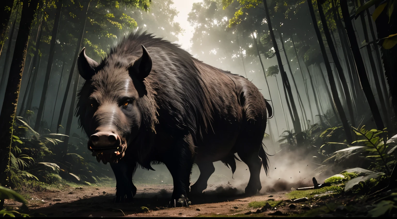 realistic imagerealistic image of a Huge savage angry black boar in the forest. Amazon forest on DUSK