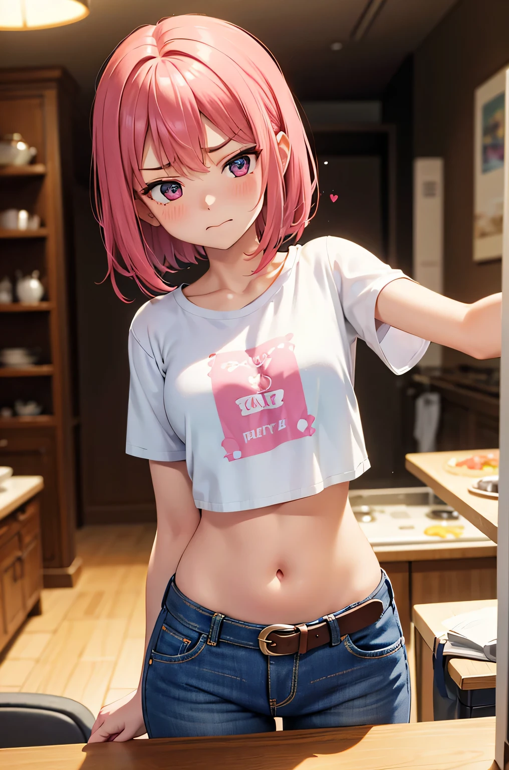 nsfw, masterpiece, 1 girl, erect nipples, intricately detailed, topless, navel, denim hotpants, kfc, bare shoulders, necklace, interior, dj, headset, baseball cap, citypop, erect nipples, puffy nipples, extremely detailed, photorealistic, octane render, 8 k, unreal engine, bare breasts, nipples, bare stomach, sweaty, people on background, moist breath, small breasts, flat chests, child, smiling, leaning forward, collarbone, wet body, pink hair, ray of lights, nipple-piercing, fast food counter, nipple chain