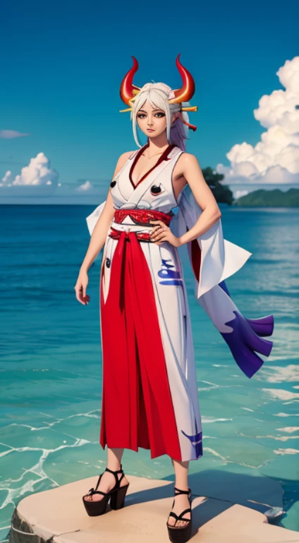 1girl, portrait of beautifull YamatoOP, supee large breasts, cleavage, ocean background, magazine cover, solo, japanese_clothes, full body, platform high heels, feet visible, kimono, bare_shoulders, sleeveless, sleeveless_kimono, shimenawa, looking_at_viewer, bare_arms, v-shaped_eyebrows, hakama, closed_mouth, orange_eyes, aqua_hair, red_eyes, two-tone_hair, serious, frown, sky, fighting_stance, volumetric lighting, best quality, masterpiece, intricate details, tonemapping, sharp focus, hyper detailed, trending on Artstation,