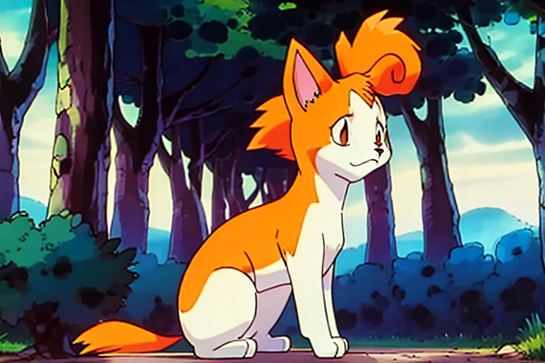 A very fluffy white cat with orangs ears and stripped orange tail. He has static electricity coming off his tail. drawn like and electric type Pokémon. He is very fluffy. he is white. his ears are orange. his tail is orange with stripes. drawn like and electric type Pokémon. The background is a forest path.