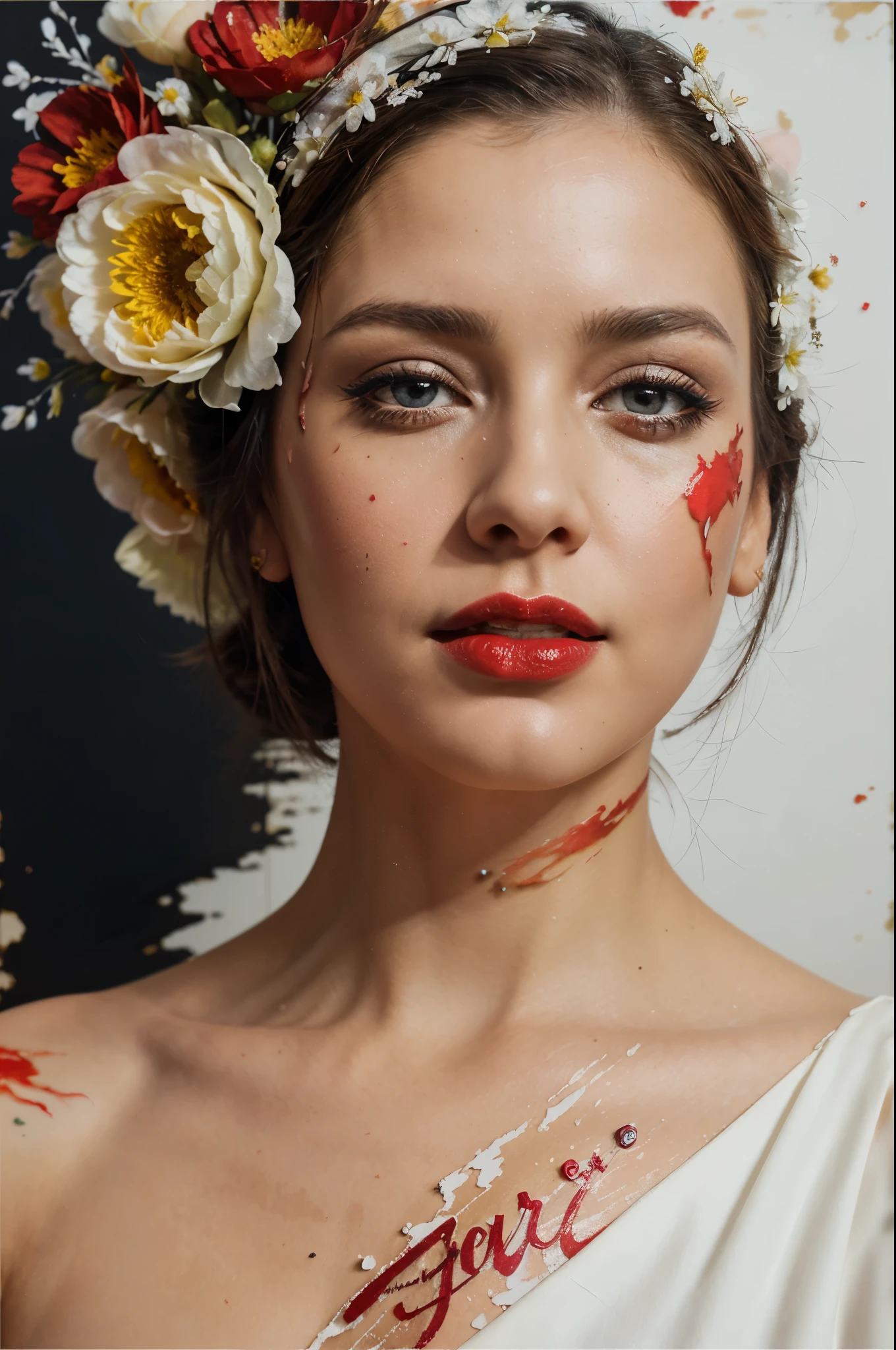 mixed media, oil painting, pen and ink, alcohol ink, white background, perfect double exposure technique, hyperdetailed, intricate, elegant lady, red lips, flowers, Callygraphy, lettering, script, thick Brushstrokes, palette-knife, smudge, splashes and splatters