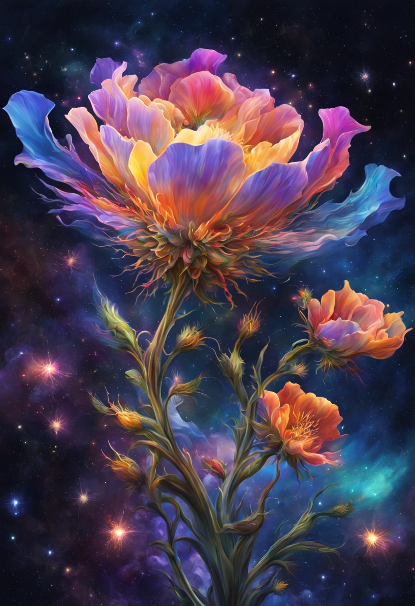 (best quality,4k,8k,highres,masterpiece:1.2),ultra-detailed,realistic,beautiful blooming exotic flower in the middle of the vast and mysterious universe,gorgeous petals unfolding into the infinite space,enchanted multi-dimensional cosmic garden overflowing with vibrant colors,celestial blossoms dancing to the rhythm of the cosmos,otherworldly radiance illuminating the interstellar darkness,mesmerizing stardust sprinkled on the delicate petals,ethereal tendrils reaching out to touch the distant stars,cosmic energy swirling around the celestial flora,hypnotic patterns and intricate textures adorning the celestial flower's majestic form,holographic auroras reflecting on the glossy surfaces of the extraordinary blossom,intense celestial light highlighting the sublime beauty of the space flower,transcendent aroma wafting through the cosmic air,serene tranquility embracing this celestial sanctuary,extraterrestrial beings captivated by the celestial wonder,glimpses of unknown galaxies entwined with the flower's essence,cosmic symphony filling the void with harmonious melodies,surreal celestial backdrop mesmerizing the senses,brilliant nebulae creating a breathtaking backdrop for the cosmic masterpiece,vivid cosmic hues painting the universe with an explosion of colors,celestial energy converging in a magnificent display of cosmic artistry,effervescent cosmic currents breathing life into the celestial bloom,serenity and awe resonating in the presence of this celestial miracle,celestial whispers revealing the secrets of the universe through the blooming flower,celestial balance and harmony embodied in the delicate petals of the cosmic rose.