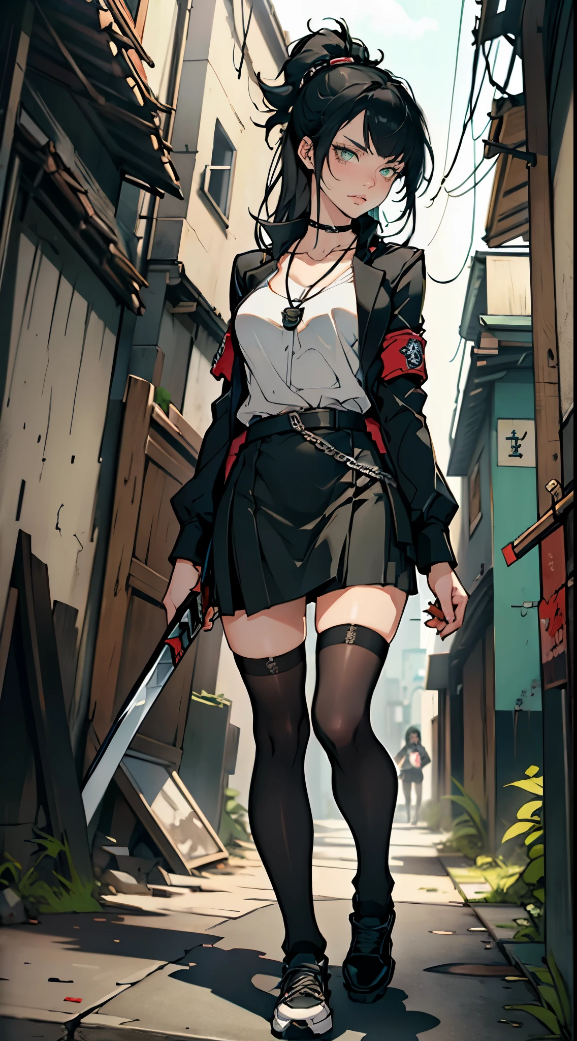 (masterpiece, best quality, highres, ultra-detailed), 1woman, long wave black hair, green eyes, handsome, detailed eyes and face, perfect body, bare collarbones, chain necklace, city slums background, oblique bangs, small breasts, short  gray skirt, white blouse, black blazer, Shoes, white kneesocks, red armband, Katana in hand, street, Strict look, chav, by amano Akira , reborn