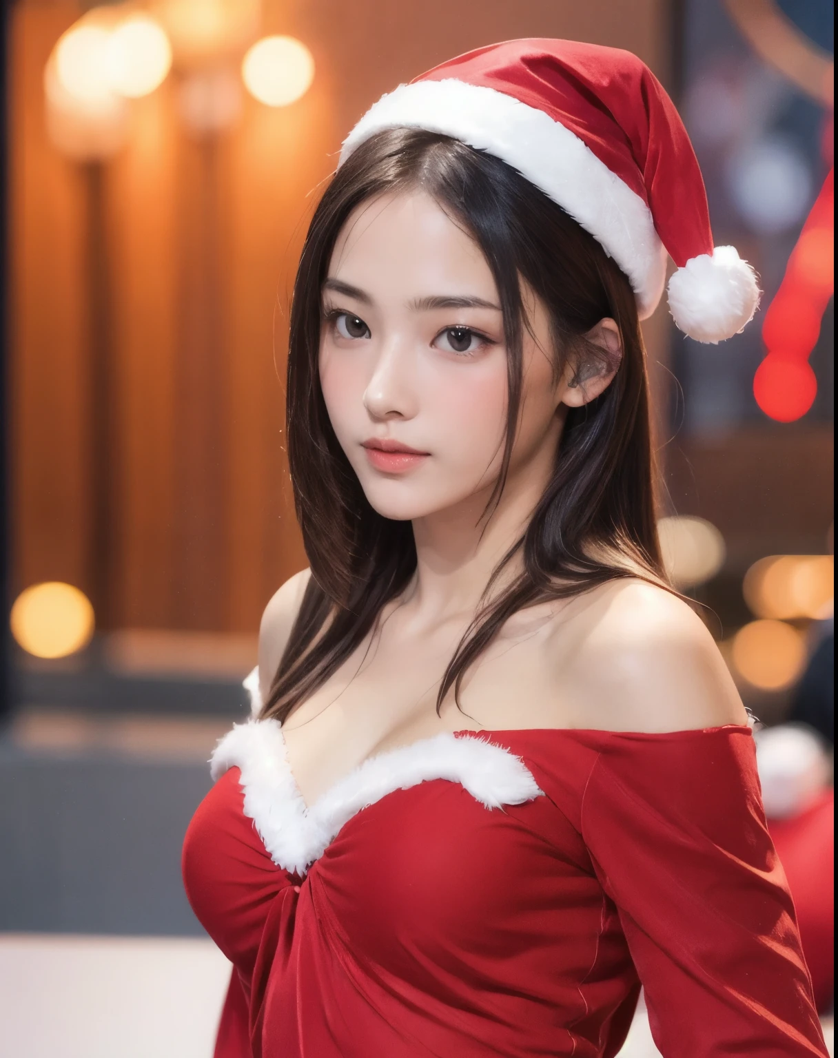 photorealistic portrait, Masute Piece, bestquality, RAW photo, 1girl in, bara, long-haired, brunette hair, detailed face, Charming face, Wear a Santa Claus costume., mediuml breasts, Dynamic Poses, looking at the audience, from the bottom, detailed background, fine detailed, intricate detailed, ray tracing, deep depth of field, Low Key, EGAT.