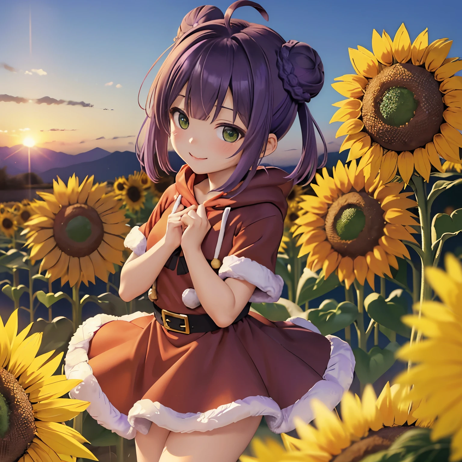 ((Best Quality)), (((masuter piece)))、Solo、Perfect face,(((Violet hair)))、faded green eyes、(bobhair)、short-hair、(((two bun hairstyle)))、Ahoge、(a smile)、((Santa Claus Costume))、(((Black Neeso)))、hoodie style costume、sunflower accessories、sunflower hair tie、,the pose、energetic the pose、((Chibi Chara))、瞳に☆の形の模様がある、Winters、sunflowers fields、3DCG