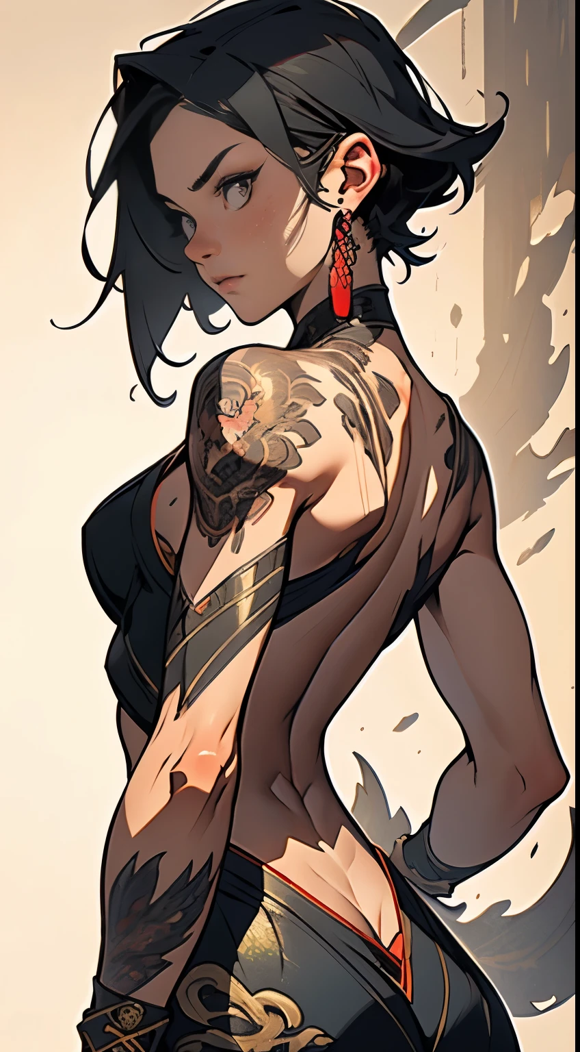 (masterpiece), best quality, beautiful woman ((perfect detailed face)), short hair, seen from behind, mid action walking pose, dragon tattoo on her back, ((masterpiece)), ((intricately detailed down to the pixels)), chiaroscuro, high quality, ((perfect anatomy))niji, nijistyle, zoomed out image