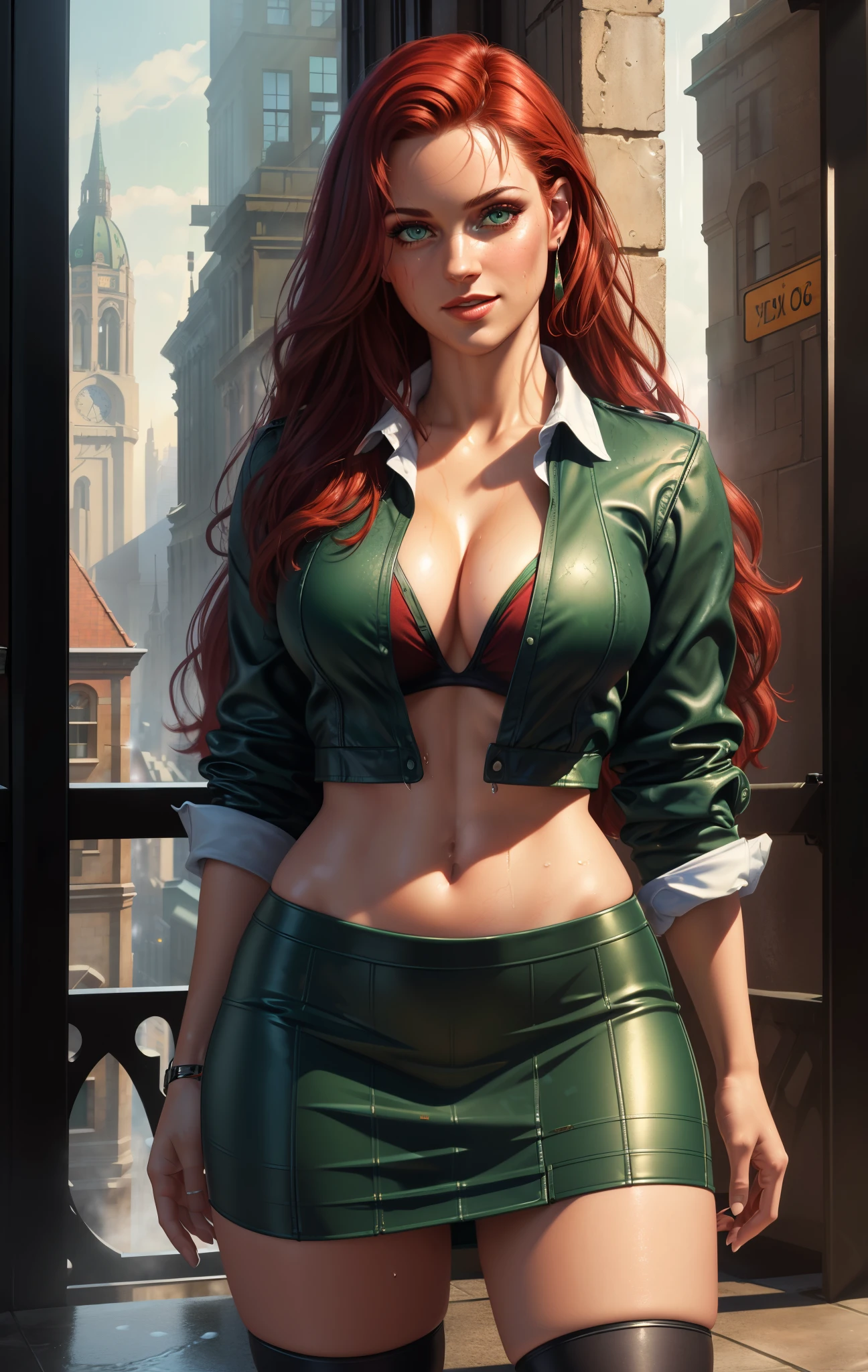 ((masterpiece)), (realistic: 1.35), best quality, (8k, best quality, masterpiece: 1.2), ultra-detailed, illustration, back, she's on her back, she's wearing a short plaid college skirt, no bra, cropped transparent white, wet outfit, smiling, gorgeous face, slim waist, beautiful hair detailed, a girl, , sexy young ((solo)), Best quality, masterpiece, ultra-detailed high res, (photo-realistic: 1.4), Full body, long red hair, wet hair, emerald green eyes, thick shapely thighs, big ass Perfect, (high quality), (realism), 8k, sexy young, sexy realistic, best image quality, masterpiece, super high resolution, (fidelity: 1.4), realistic rain, city, background, detailed materials, beautiful highlights, beautiful shadows, volumetric lighting, subsurface scattering, good proportionature : 1.15),
