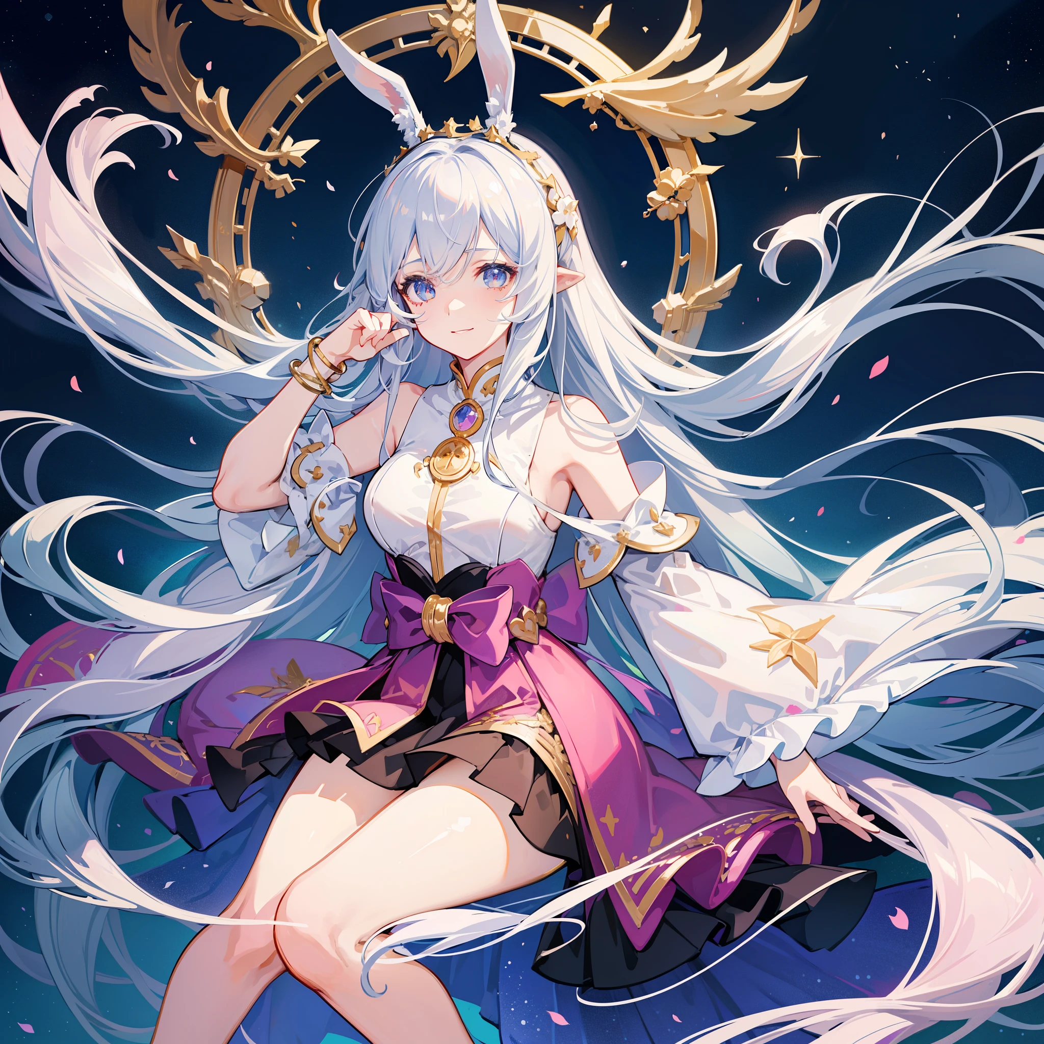 {{16K detailed illustrations,tmasterpiece, Best quality,}}, {{vintagestyle ,受著名艺术家启发的vintagestyle,ray traycing ,best illuminate, The best shadow, highlydetailed skin,Colorful glitter,highly details eye ,The face is very detailed ,Reflective eyes ,reflective hair,Hair is okay,Extremely delicate and beautiful background}},dramatic angles,{{natural,Cute face,}},{full bloom}, {{Illuminate beautiful paintings},((Gorgeous starry sky background),((ultra - detailed)),((Best Best Illustration),((电影lamplight)),{{cute anime face}},(Best quality at best),(ultra - detailed),(The best illustrations),(very delicate beautiful},{album封面},album,(Best quality at best,4K,A high resolution),Anime girl with bunny ears,Very long white rabbit ears, Travel through the universe, Wearing a flowing white magical girl robe,with smile, long flowing white hair, intricate headpiece, colorful bracelet, this rabbit#39;The ears are so long, Full body photo, cosmic, Interstellar Travel, galaxias, Starcloud, asteroids, vastness, Twinkling stars, A vibrant fantasy world, majestic cosmic background, Widescreen wallpaper,(tmasterpiece), (Best quality), (ultra - detailed),(curlies),(lamplight), (Fashion clothing),beautidful eyes, exquisite and beautiful face, floating, (high saturated), (shine), Serafre#39;Works on artstation, thick acrylic, Illustration on Pixiv, Portrait of waist up, Best quality , ultra - detailed, sad, skilled, Nice face, Character styles rendered by Octane,bright,cheerful,Interesting,柔和的lamplight,(bauhause,shape,line engineering,Abstract:1.1),Best quality,cinematic Film still from,