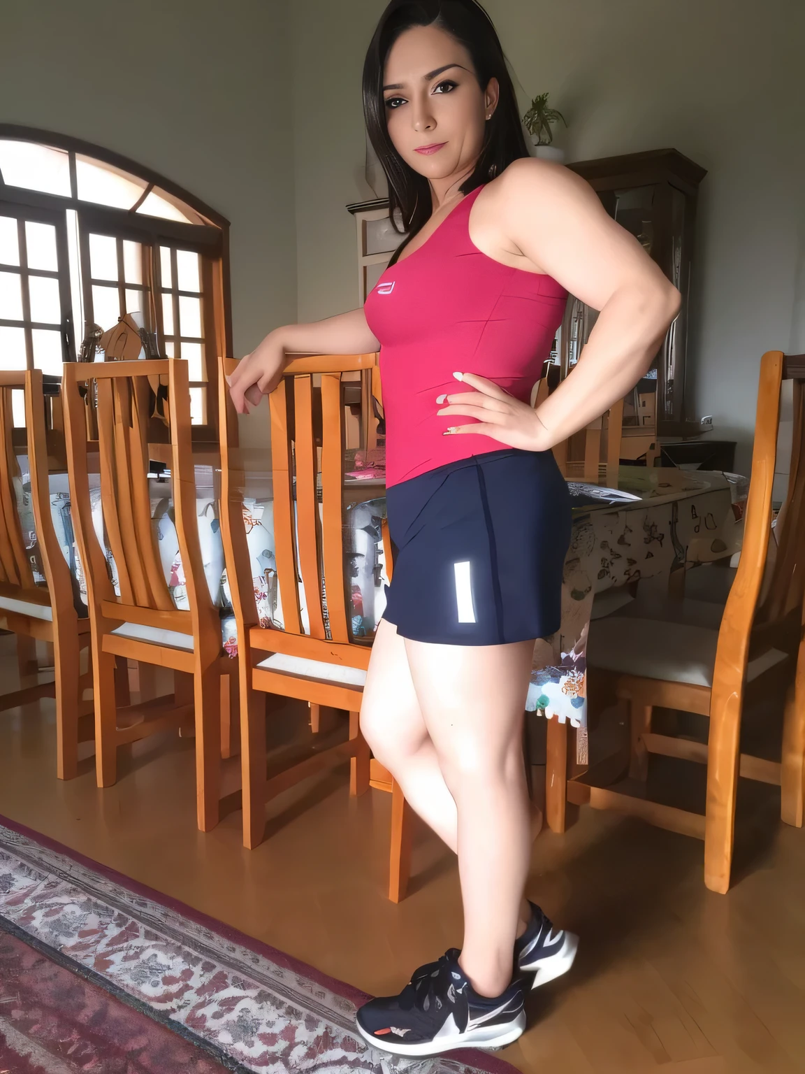 There is a woman standing in a room with a table and chairs, pose lateral, sport bra and shorts azul escuro, de bermuda, tiro lateral, foto fit, usando equipamento de fitness, retrato lateral, em uma saia brilhante, foto da roupa, sport bra and shorts, tiro do meio cintura para cima, usando uma regata e saia, Pose completa, vestido com um top e shorts