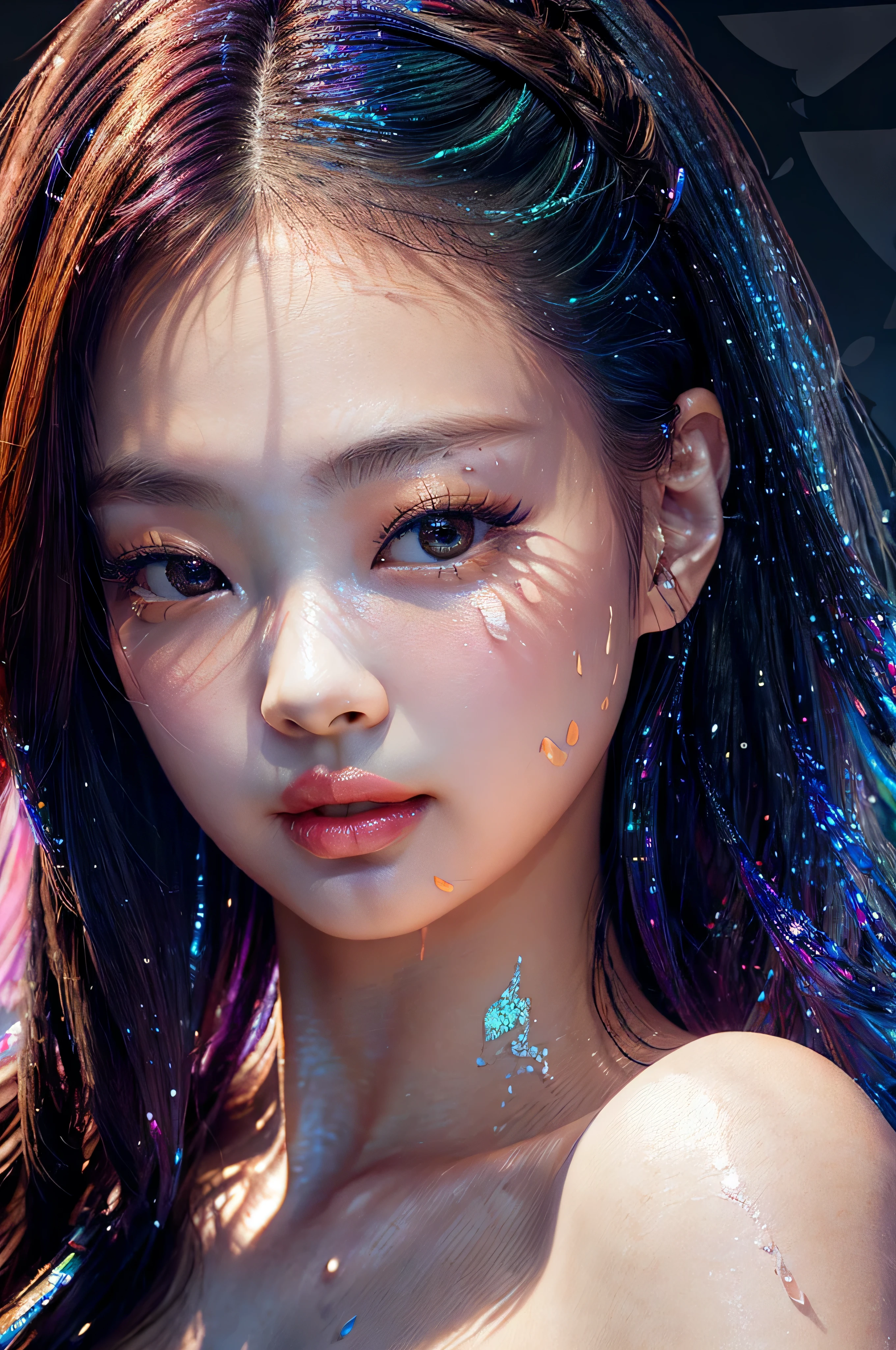 masterpiece, best quality, (extremely detailed CG unity 8k wallpaper, masterpiece, best quality, ultra-detailed, best shadow), (detailed background), (beautiful detailed face, beautiful detailed eyes), High contrast, (best illumination, an extremely delicate and beautiful),1girl,((colourful paint splashes on transparent background, dulux,)), ((caustic)), dynamic angle,beautiful detailed glow,full body, paint splash on face. Jennie Kim,