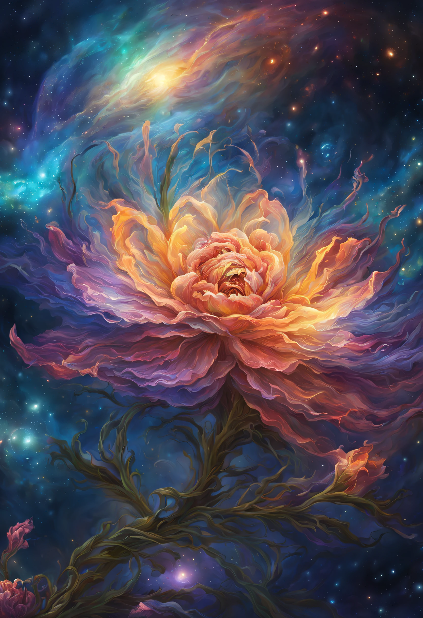 (Best quality at best,4K,8K,A high resolution,tmasterpiece:1.2),ultra - detailed,actual,Beautiful exotic flowers bloom in the vast and mysterious universe,The gorgeous petals spread into infinite space,A charming multi-dimensional cosmic garden filled with vibrant colors,The flowers in the sky dance to the rhythm of the universe,Otherworldly light illuminates interstellar darkness,Charming stardust sprinkles on the delicate petals,Ethereal tendrils reach out to touch distant stars,Cosmic energy swirls around celestial flora,Hypnotic patterns and intricate textures adorn the ceiling’s majestic forms,Holographic aurora reflected on the smooth surface of extraordinary flowers,Strong skylight highlights the sublime beauty of space flowers,There is an extraordinary fragrance floating in the cosmic air,Peaceful serenity embraces this heavenly sanctuary,Aliens attracted by celestial wonders,Glimpse into unknown galaxies intertwined with the essence of flowers,The cosmic symphony fills the void with harmonious melodies,Surreal celestial backgrounds are mesmerizing,brilliant nebulae creating a breathtaking backdrop for the cosmic tmasterpiece,Vivid Cosmic Tones depict the universe in an explosion of color,Celestial energy converges into a magnificent display of cosmic art,Boiling cosmic currents breathe life into the flowers of heaven,Serenity and awe resonate in the presence of this celestial wonder,Whispers from heaven reveal the secrets of the universe through blooming flowers,The delicate petals of the Cosmic Rose embody celestial balance and harmony.